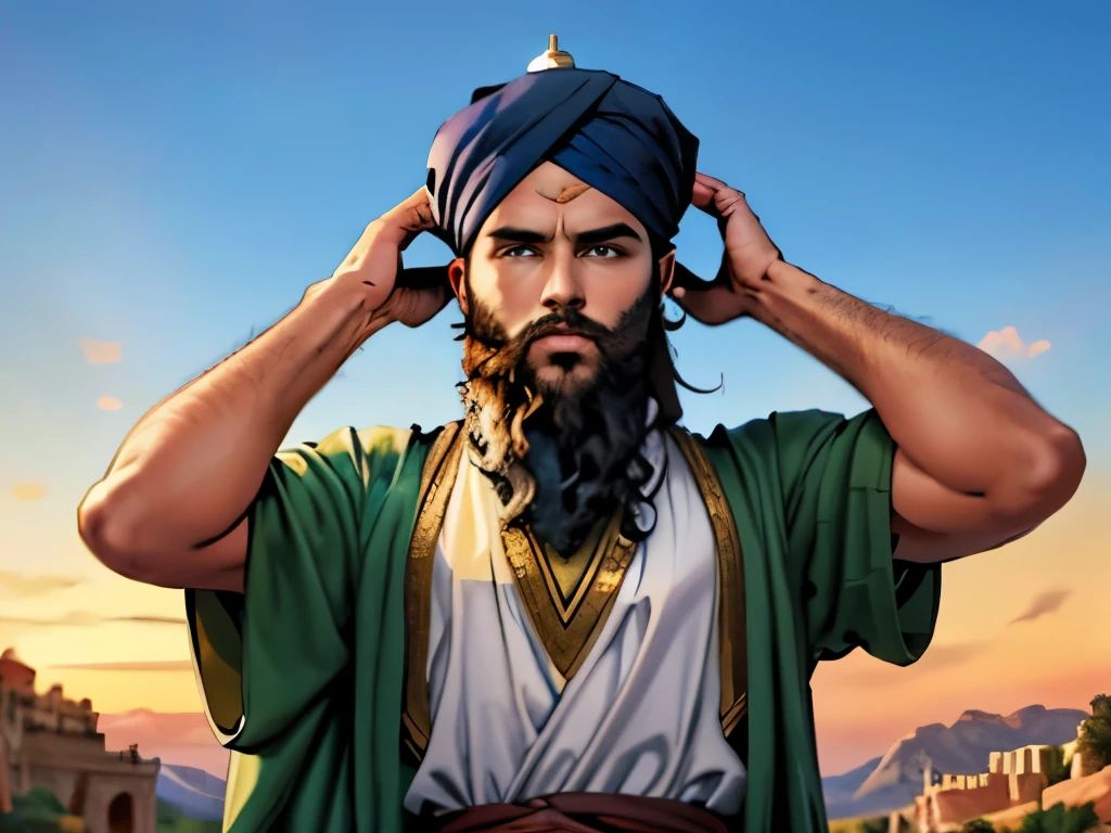 an adult man with a beard and black hair with his hand on his head. On his head there is a turban. In the background there is a servant. biblical costumes. biblical clothing. biblical style. epic scenery.