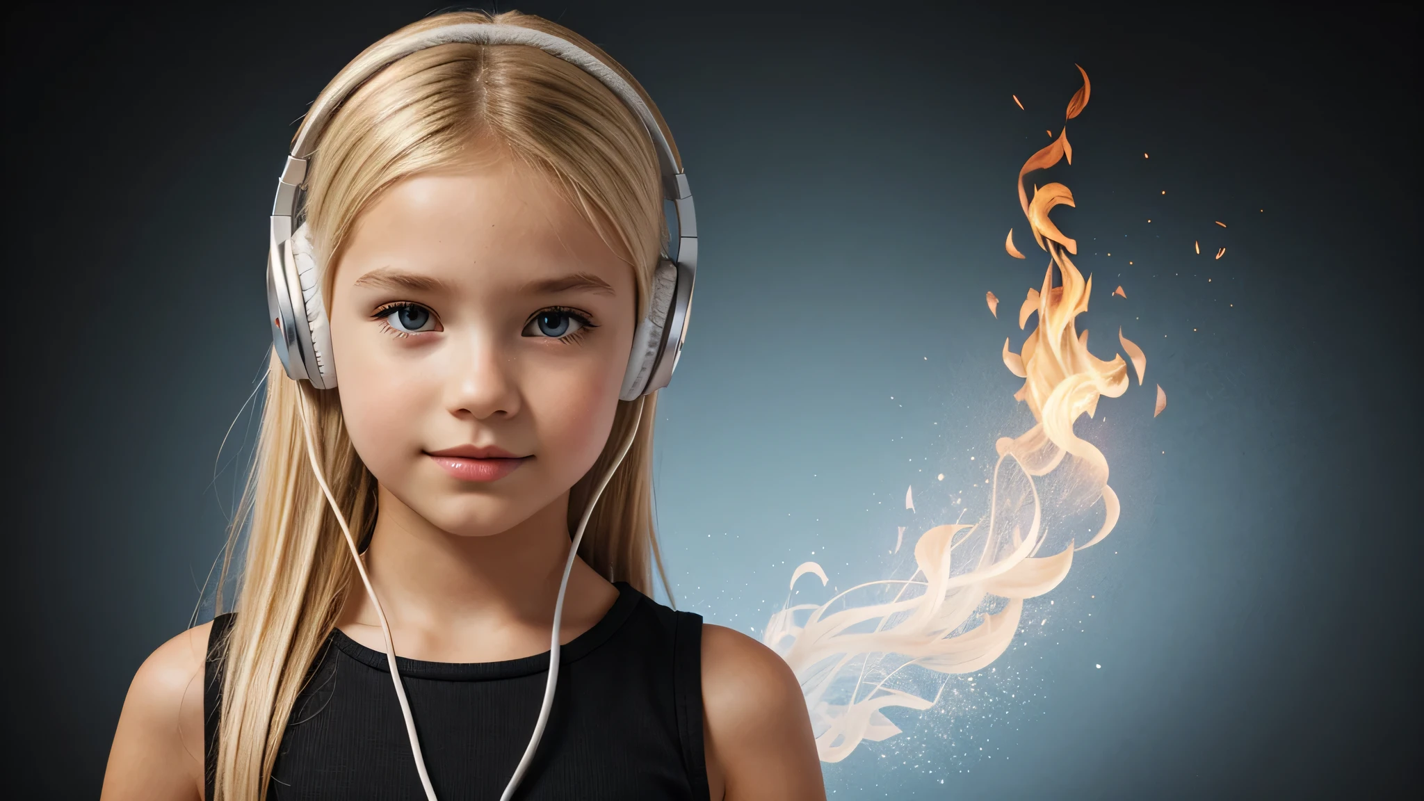 girl blonde kids hEADPHONE, humanoid background icon ON FIRE, silver dress.