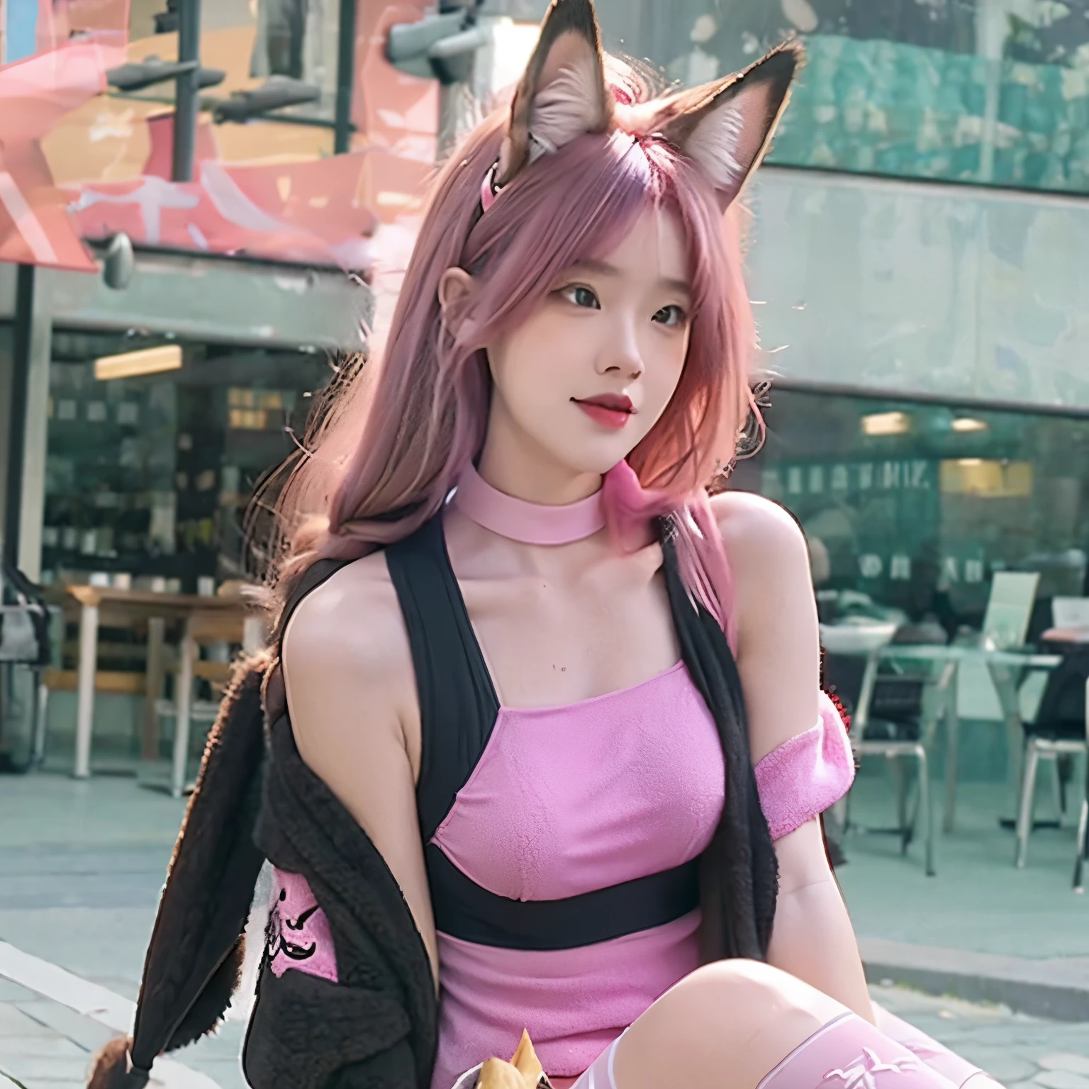 Female fox ears and fox tail pink hair swimsuit black stockings
