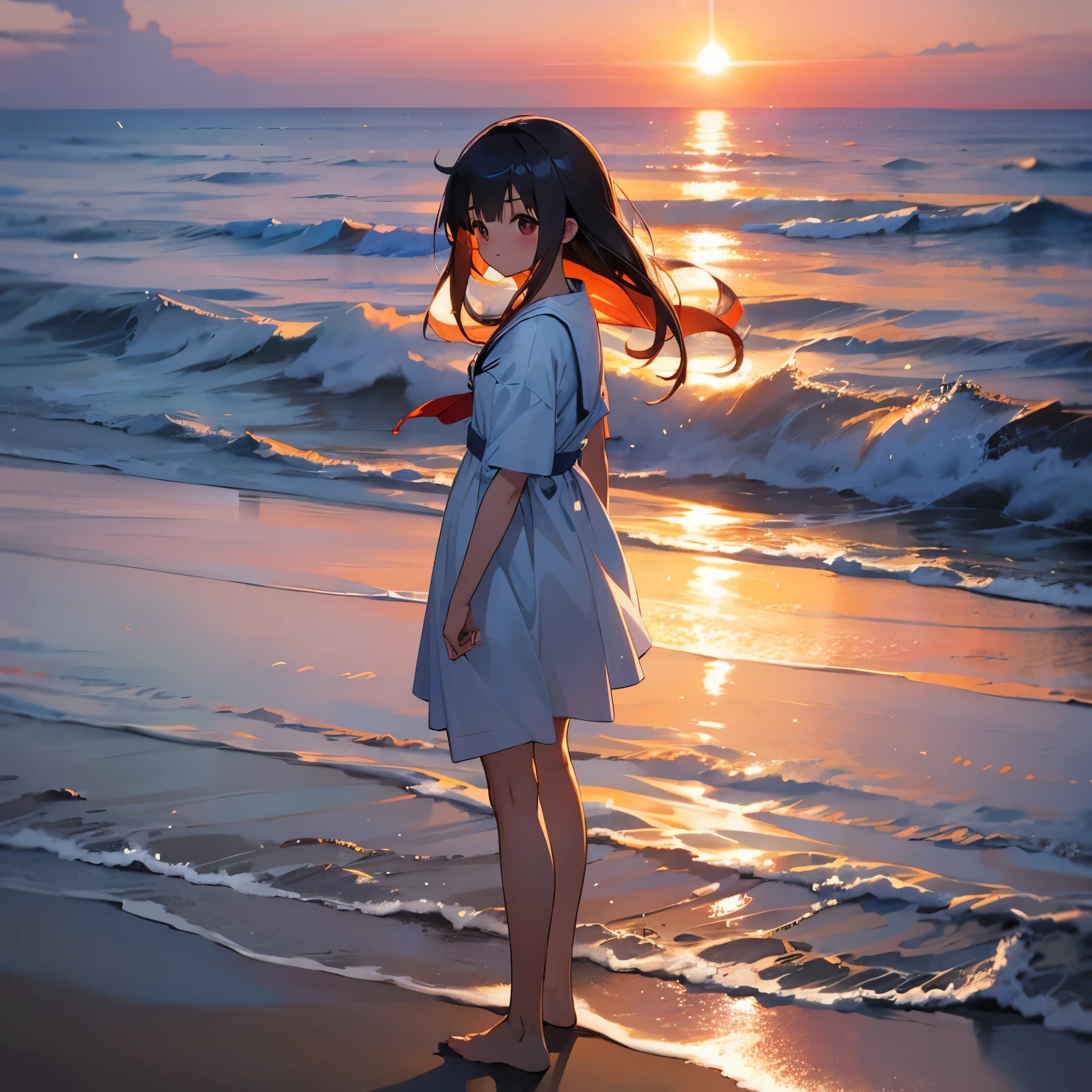 Anime girl standing on the beach and looking into the distance,the sun rises slowly,There are some seagulls in the distance,It's very swollen。The beauty of the sky and sea, sunset,