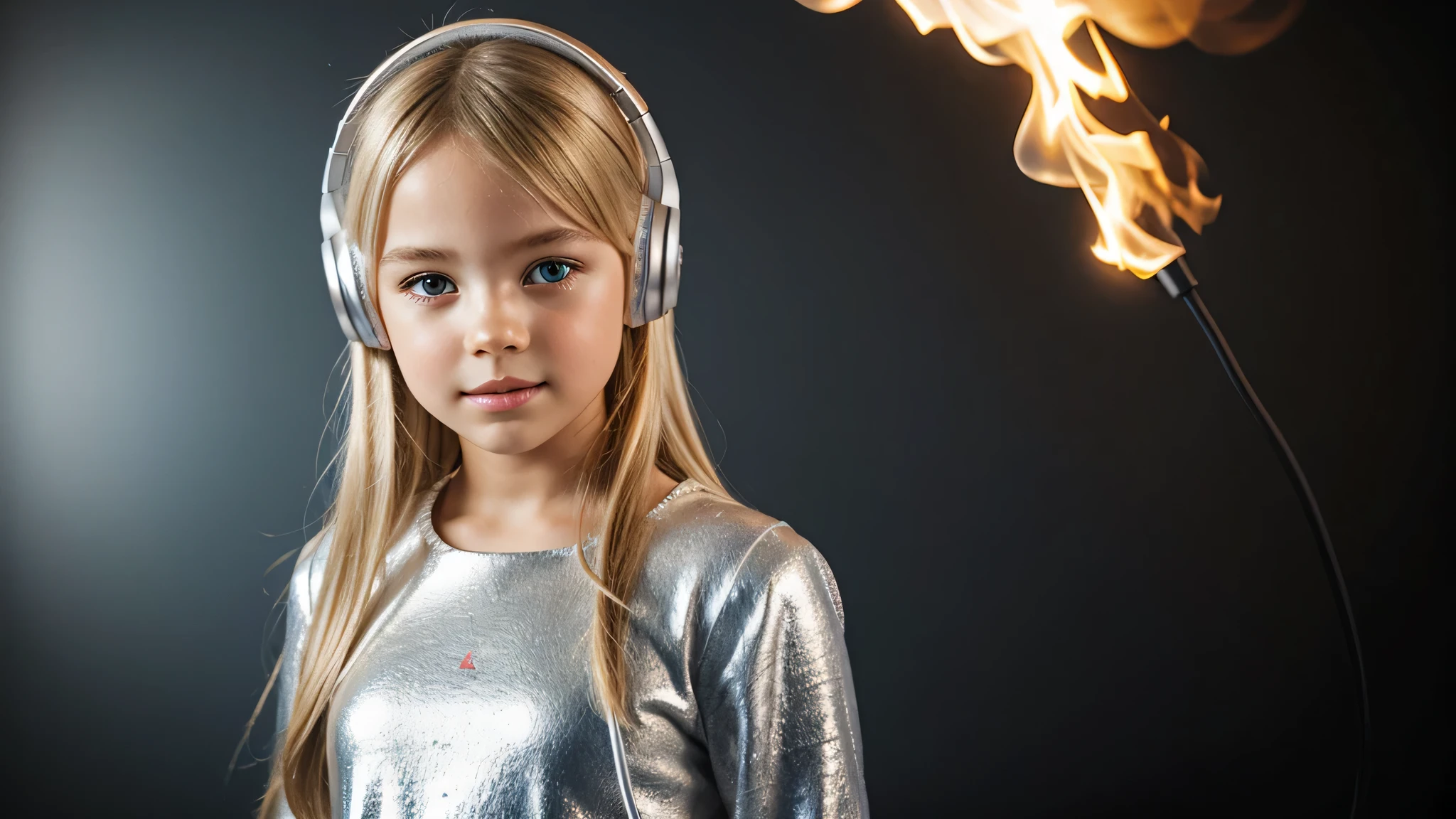 girl blonde kids hEADPHONE, humanoid background icon ON FIRE, silver dress.