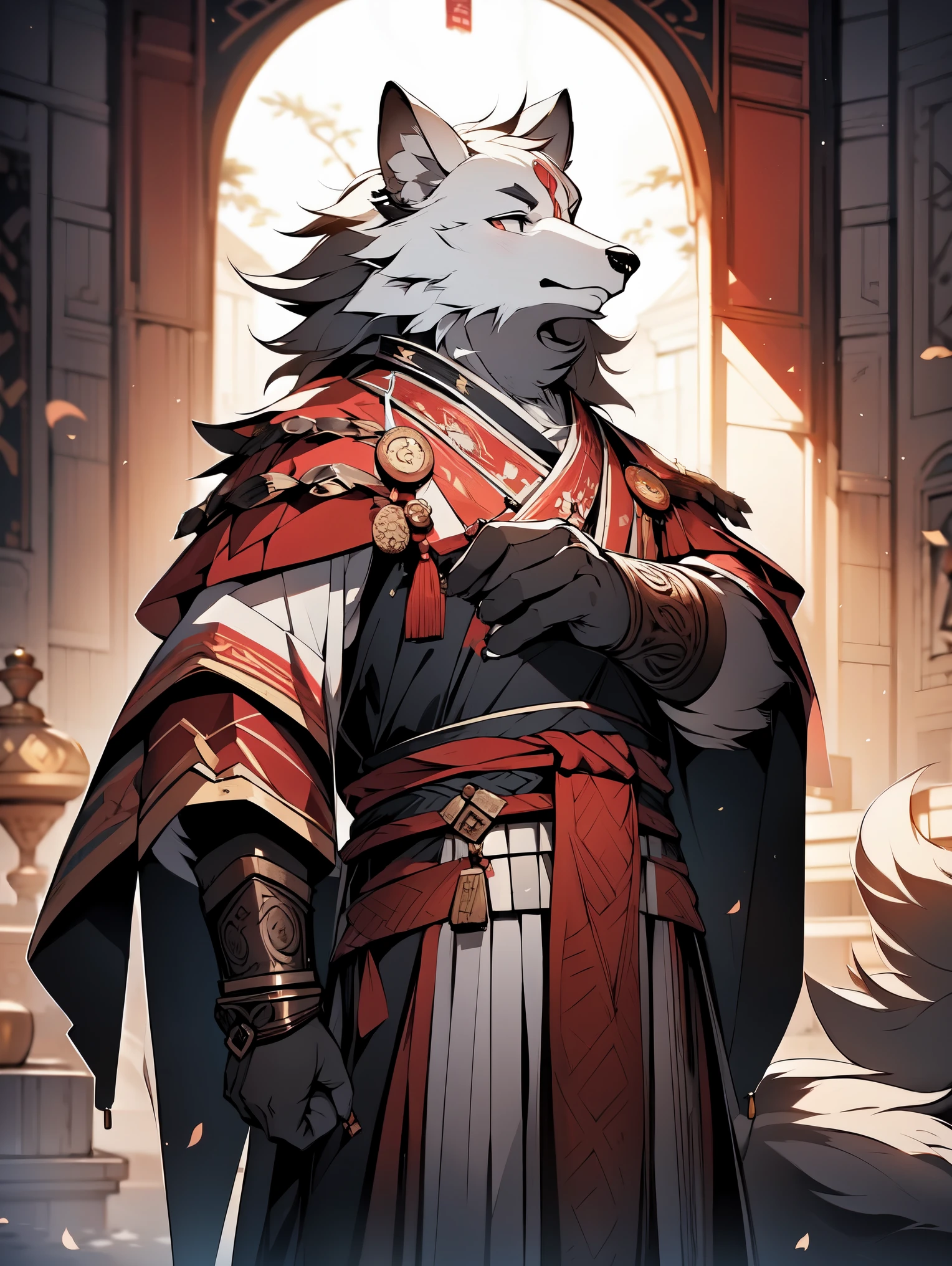 big bad wolf, a big wolf,Dressed in the garb of an ancient Chinese emperor. He stood in a side hall of the palace and waited.. Golden sunlight shines through the leaves of tall trees, Create shadow patterns on the palace grounds. The trees in the background are shrouded in soft mist, Give the scene a peaceful feel. Create an image to capture the elegant atmosphere of this moment in the palace.