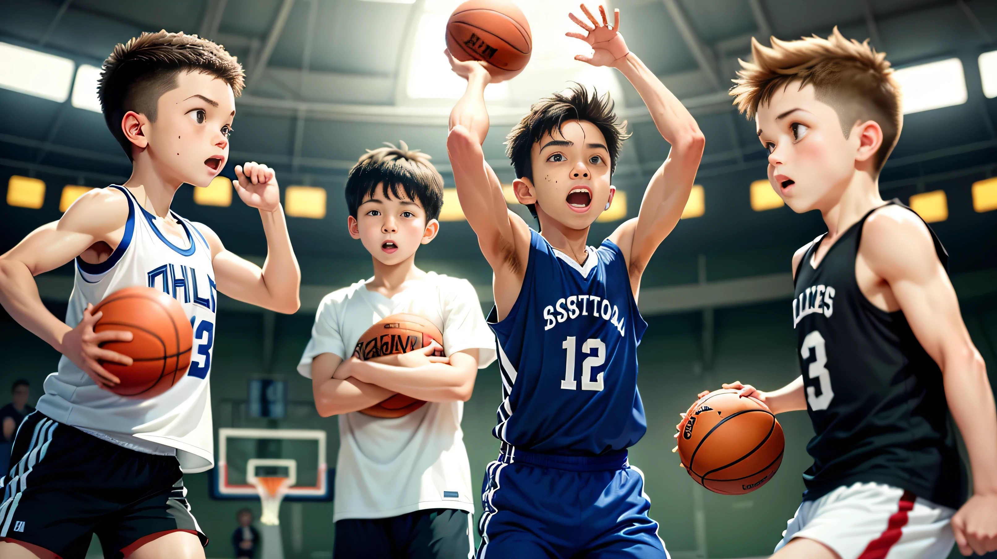 Three s, all dressed in tank top shorts and T-shirts, are passionately engaged in a basketball game. Their round faces, with a hint of adolescent chubbiness, betray their 11-year-old age. Sweat glistens on their foreheads as they leap and lunge, their determination evident in every move. The sporty atmosphere is further emphasized by the hoop, the ball bouncing between their hands with each exhilarating exchange.
