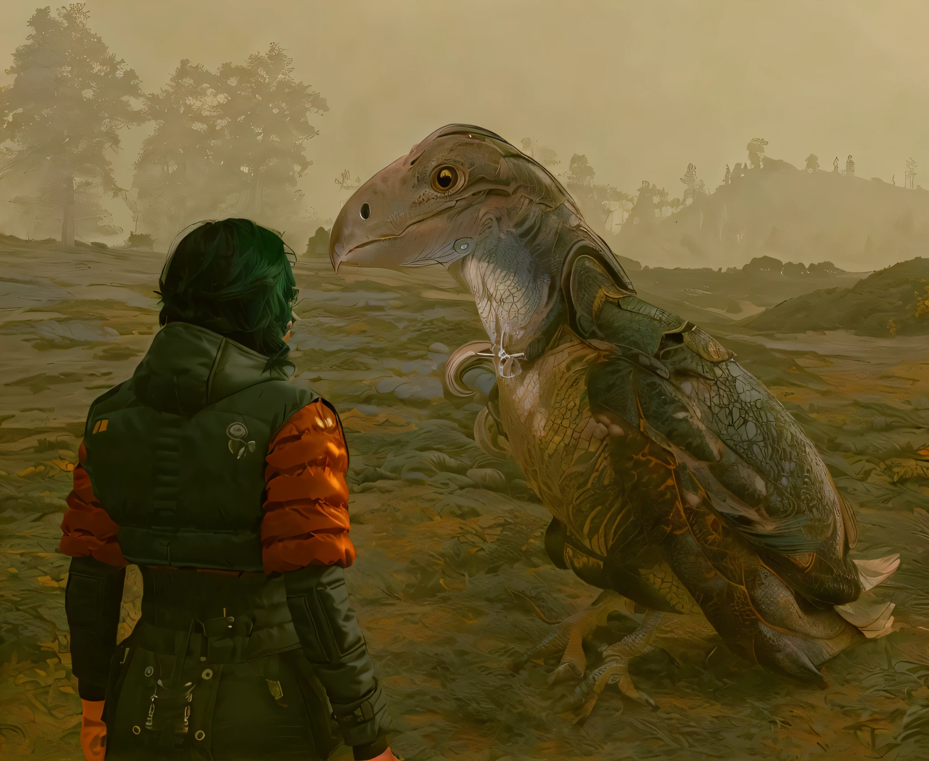 ((((masterpiece, best quality)))), ((Dark green haired Woman in orange and black futuristic puffer jacket)), (looking at scaly evil alien bird), on a hillside, (with a forest in the background), (((realistic art style)))