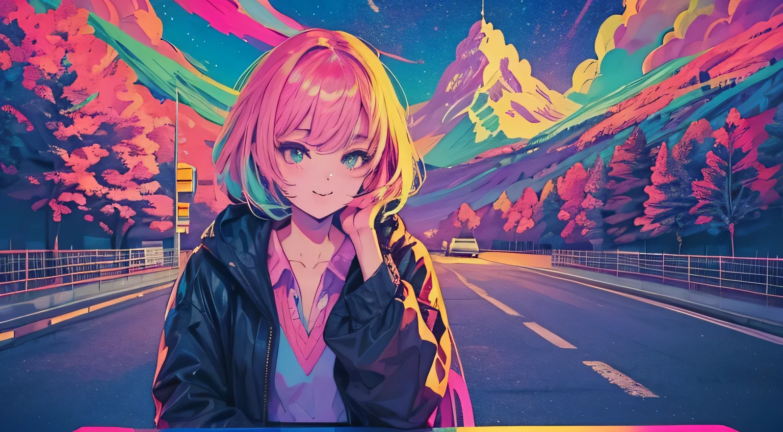 best quality, 4K wallpaper, masterpiece, extremely detailed CG unity 8k wallpaper, extremely detailed eyes, ultra-detailed, intricate details, face close up 1 happy smile shy girl in center, retro art style, neon pop abstract art style, public, highway road, lake, mountain, car