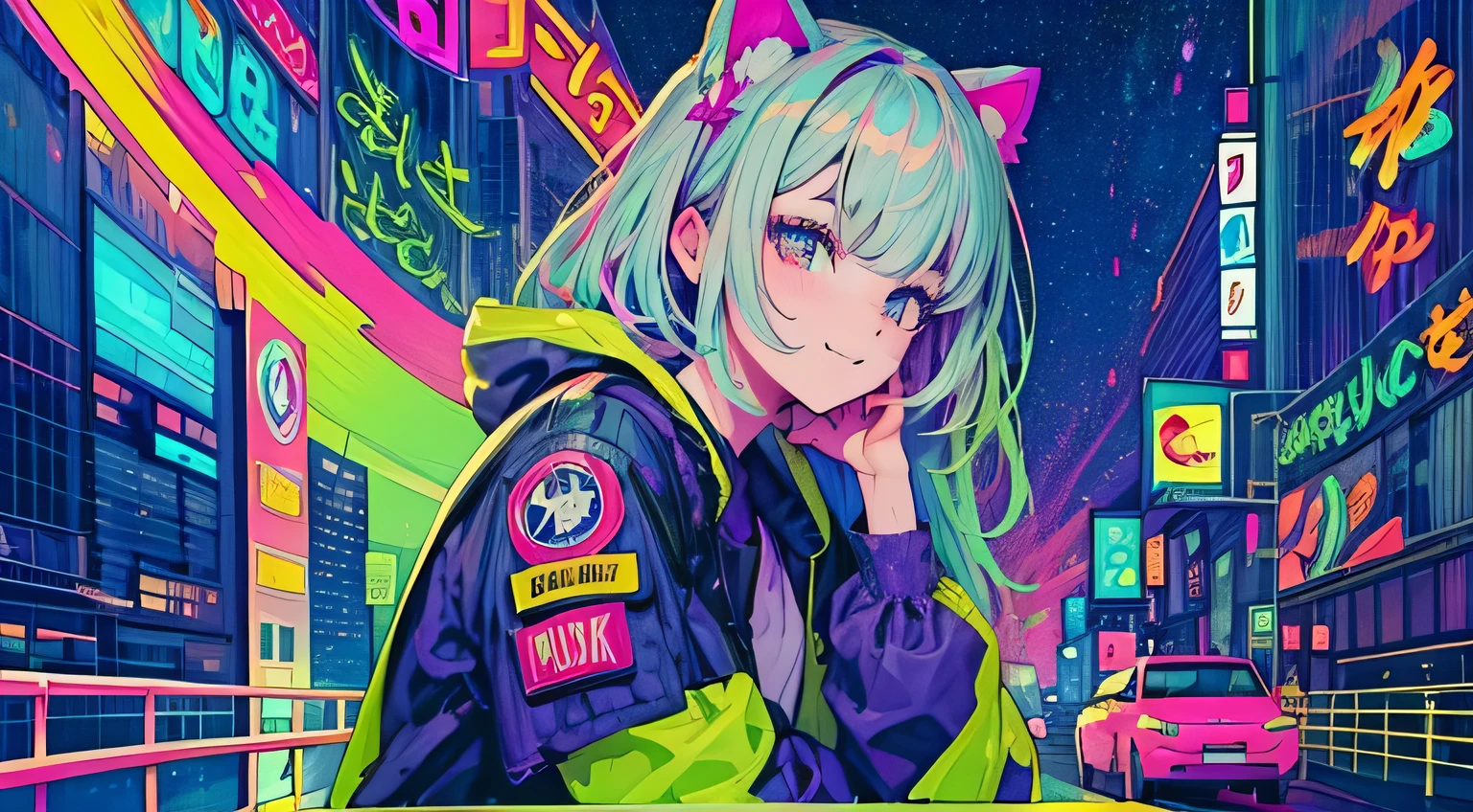 best quality, 4K wallpaper, masterpiece, extremely detailed CG unity 8k wallpaper, extremely detailed eyes, ultra-detailed, intricate details, face close up 1 happy smile shy girl in center, retro art style, neon pop abstract art style, public, highway road, lake, mountain, car