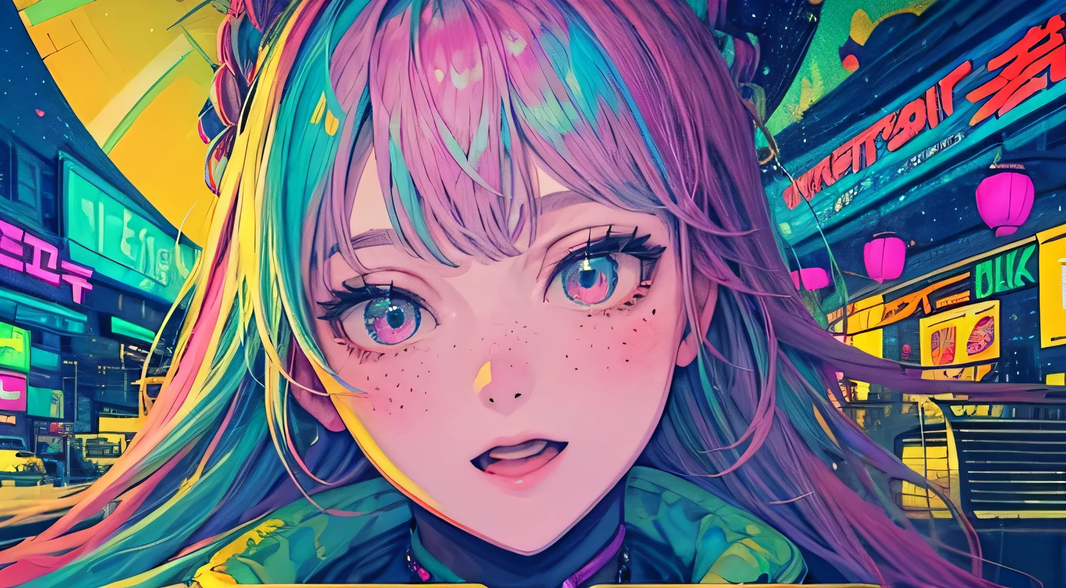best quality, 4K wallpaper, masterpiece, extremely detailed CG unity 8k wallpaper, extremely detailed eyes, ultra-detailed, intricate details, face close up 1 happy smile shy girl in center, retro art style, neon pop abstract art style, public, highway road, lake, mountain, car