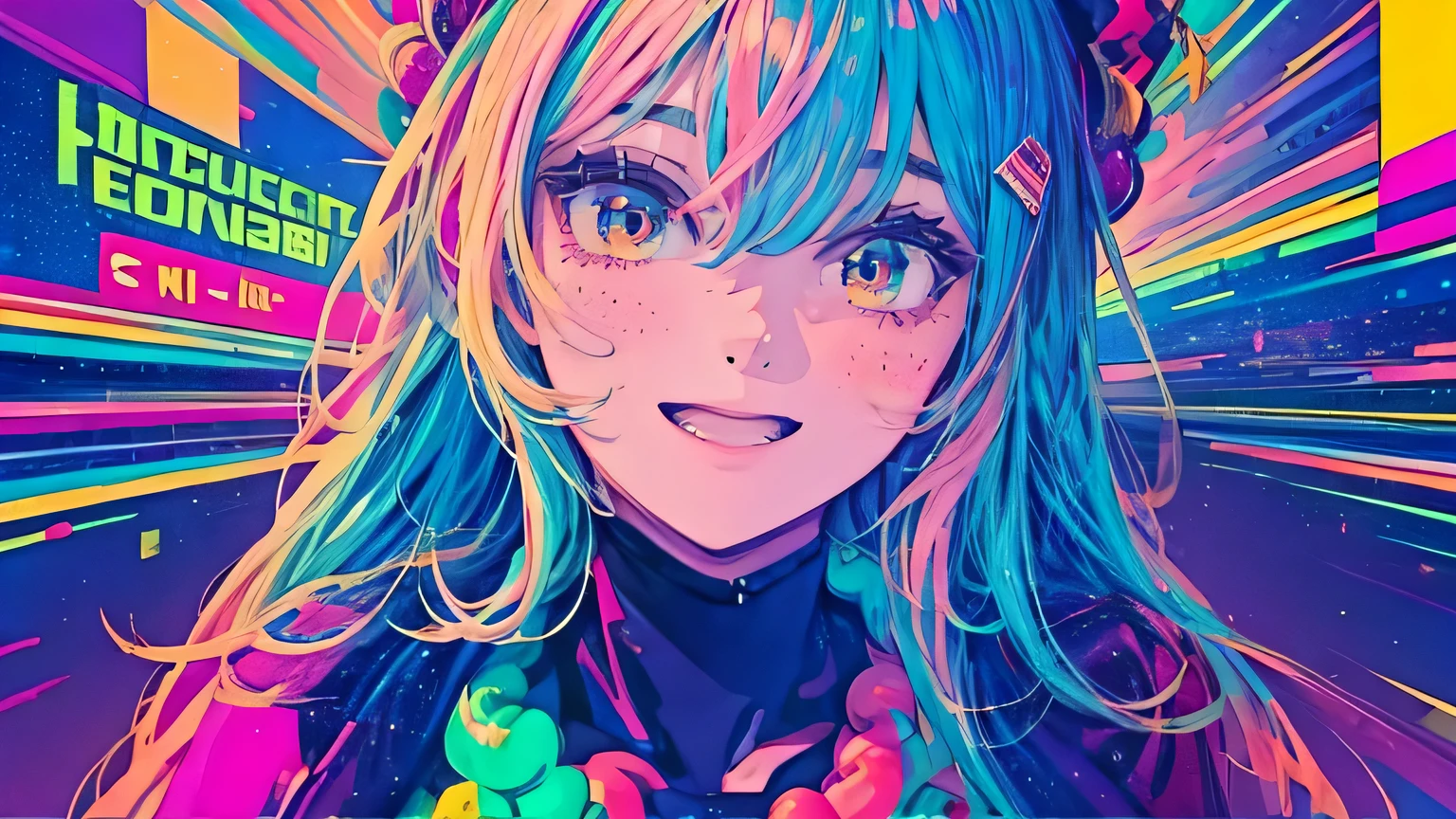 best quality, 4K wallpaper, masterpiece, extremely detailed CG unity 8k wallpaper, extremely detailed eyes, ultra-detailed, intricate details, face close up 1 happy smile shy girl in center, retro art style, neon pop abstract art style, public, highway road, lake, mountain, car