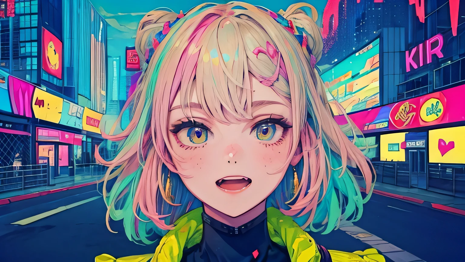 best quality, 4K wallpaper, masterpiece, extremely detailed CG unity 8k wallpaper, extremely detailed eyes, ultra-detailed, intricate details, face close up 1 happy smile shy girl in center, retro art style, neon pop abstract art style, public, highway road, lake, mountain, car