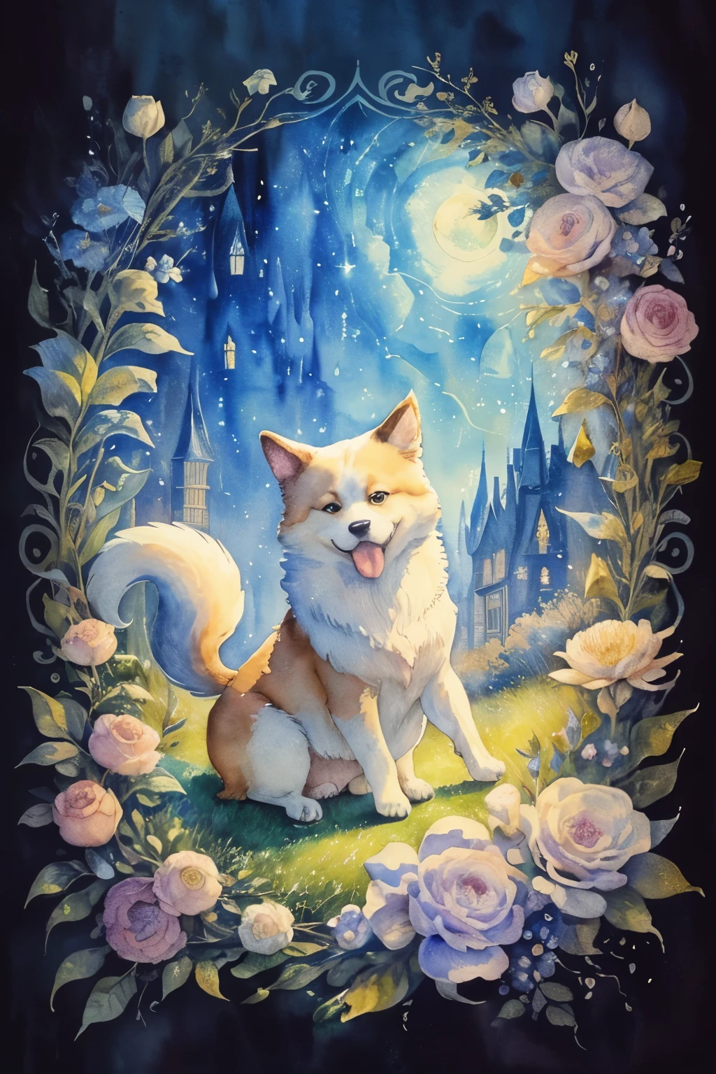 ((animal,watercolor painting,Playing dogs,One tail)),dance,open your mouth,indoor,masterpiece,highest quality,animal,(tarot cards,Big eyes,Fluffy dog,cute,fun,happiness),Fashionable scenery,glitter effect,star,flower,anatomically correct,All the best,最高にcute犬,cute犬,fantasy,randolph caldecott style,Thick impasto strokes characteristic of Van Gogh,enlightenment,(watercolor painting,gentle shades,hand-drawn style,like an illustration,soft color palette,pop,fancy)