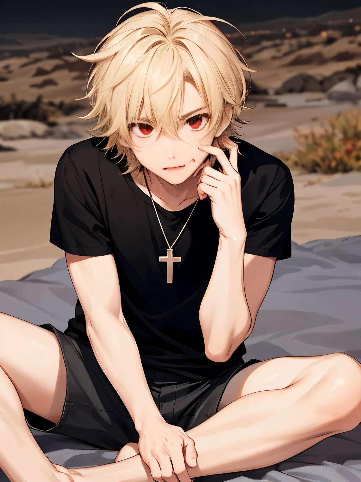 1 boy,eat meat,solo,18 years old,In the desert, at night, sitting,close up photo,HD face,Focus on face,cross necklace,handsome,messy hair,Perfect face, detailed face, short hair, blonde hair,black t-shirt, black t-shirt,short sleeve t-shirt,black trousers, Long pants,red eyes,bright red eyes, vampire