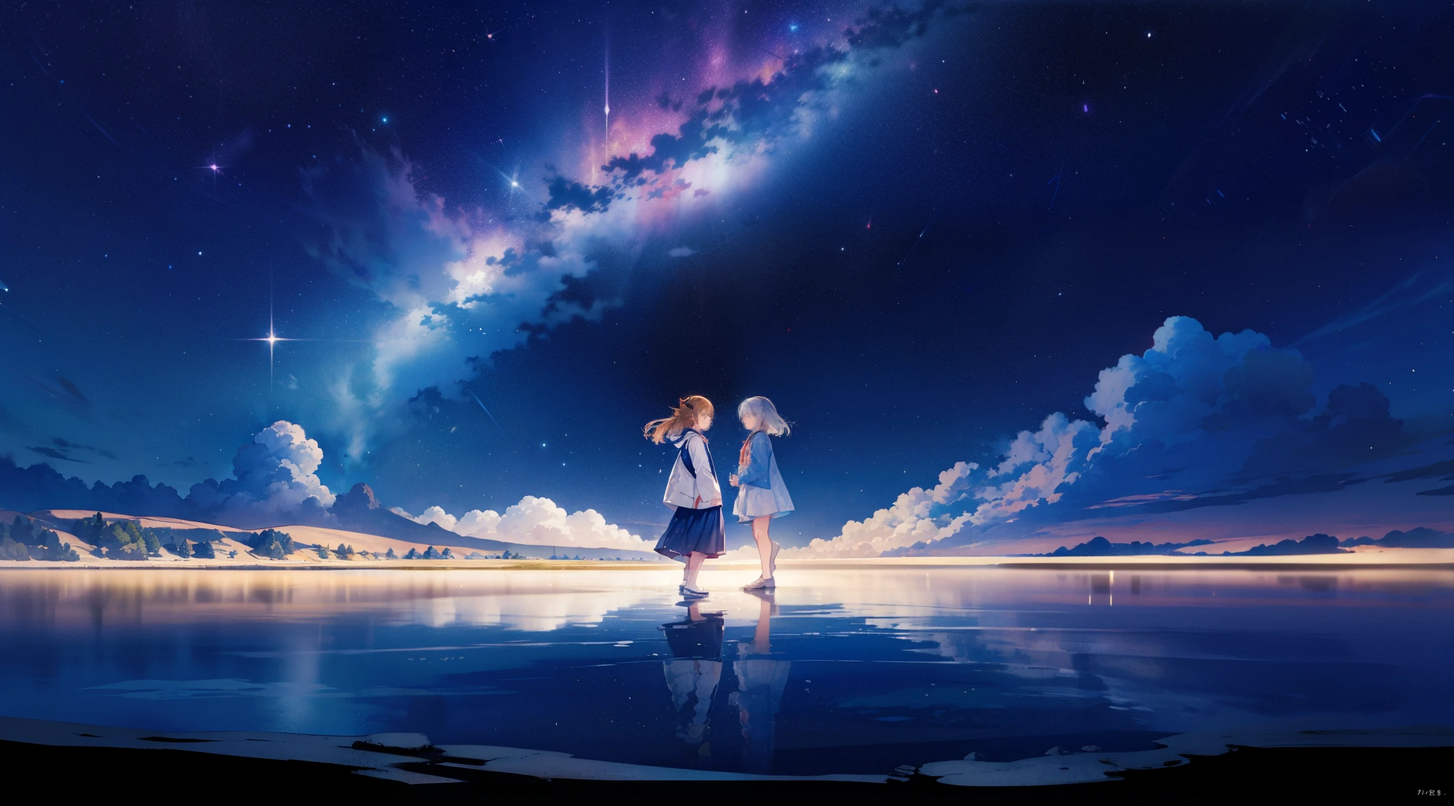 （（long range shooting））night， two beautiful anime girls，Look at each other,。Stand in the middle of a salt lake，The surface of the water is like a mirror，Reflecting the sky。The Milky Way is in the sky。