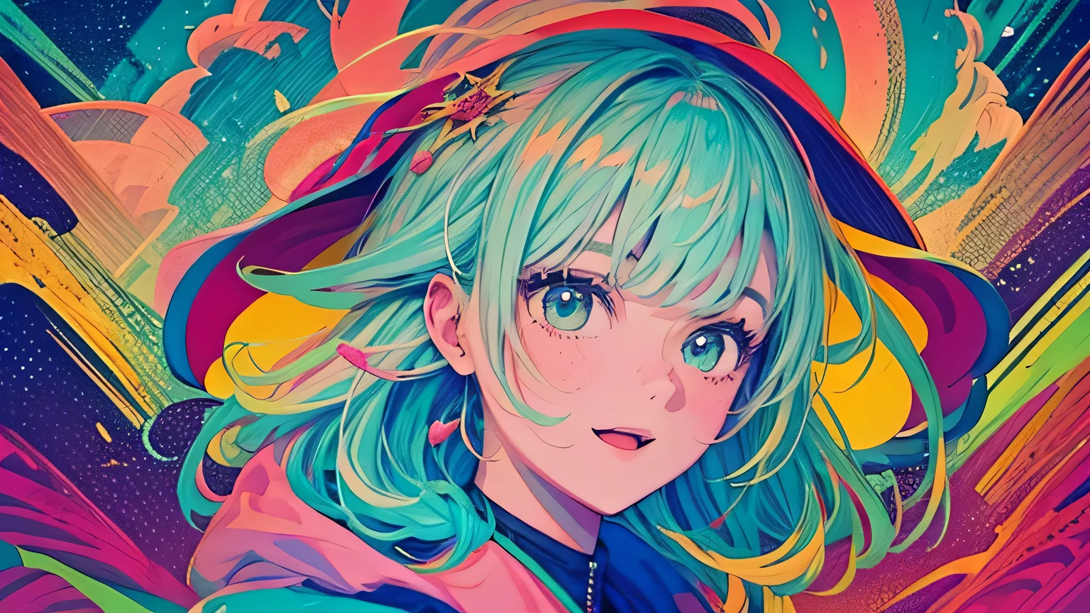 best quality, 4K wallpaper, masterpiece, extremely detailed CG unity 8k wallpaper, extremely detailed eyes, ultra-detailed, intricate details, face close up 1 happy smile shy girl in center, retro art style, neon pop abstract art style, public, highway road, lake, mountain, car