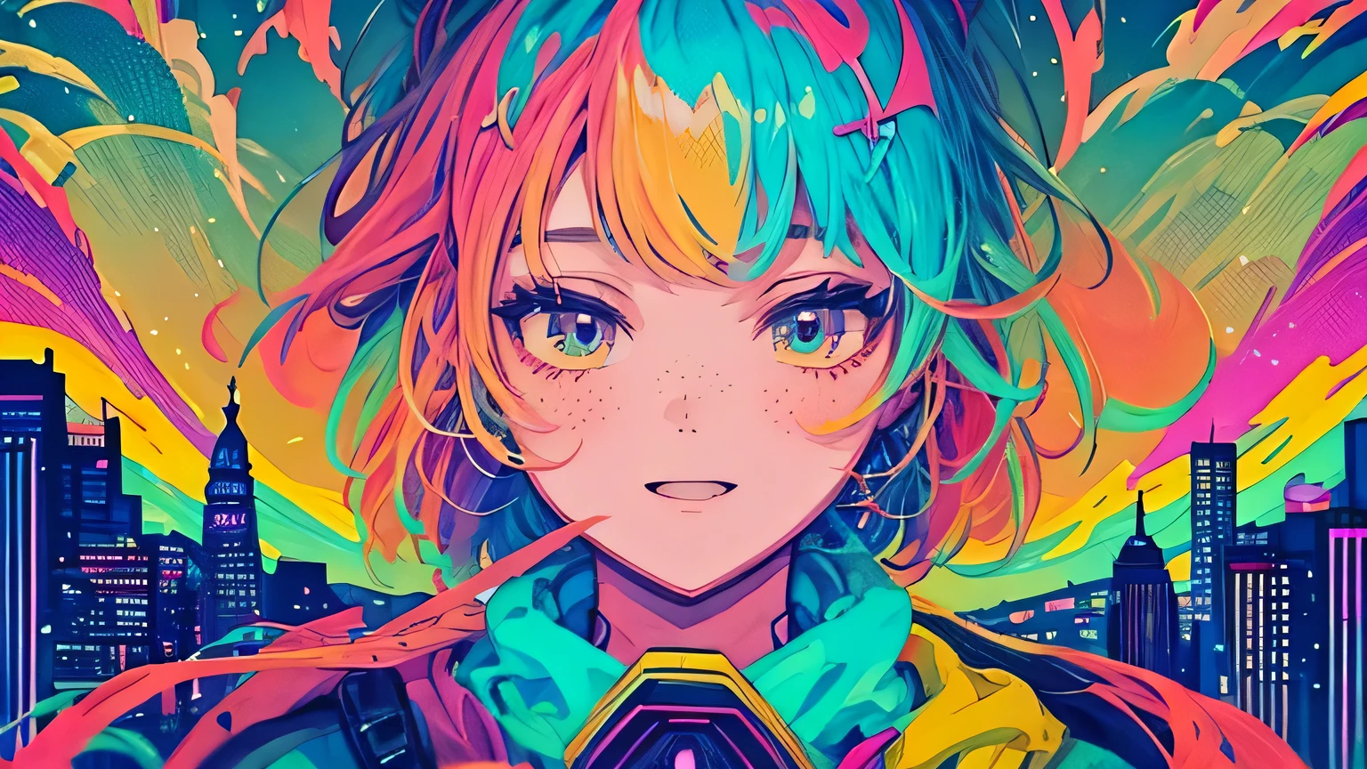 best quality, 4K wallpaper, masterpiece, extremely detailed CG unity 8k wallpaper, extremely detailed eyes, ultra-detailed, intricate details, face close up 1 happy smile shy girl in center, retro art style, neon pop abstract art style, public, highway road, lake, mountain, car