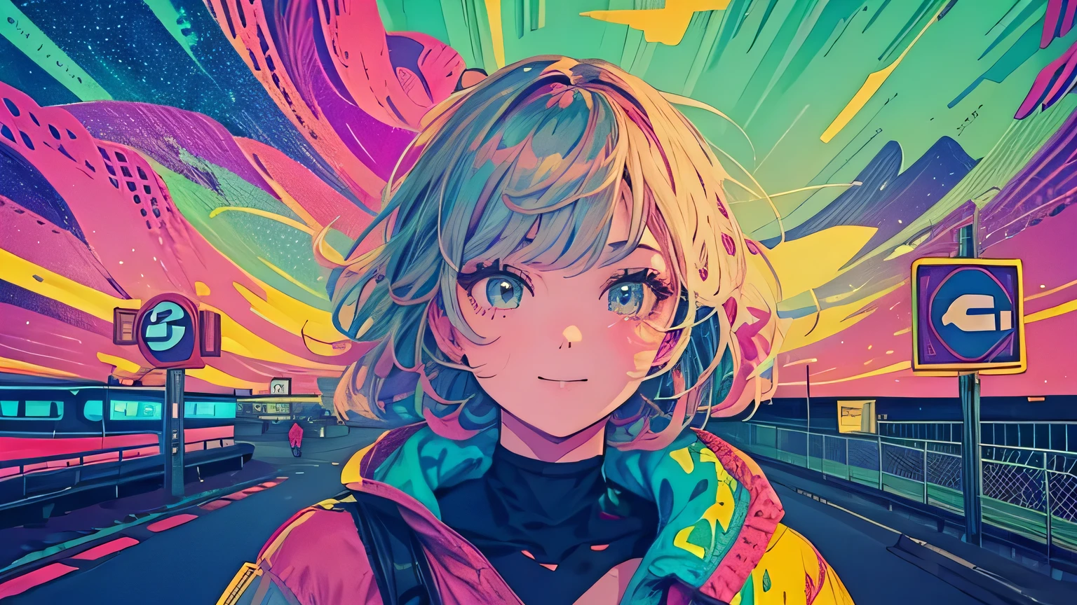 best quality, 4K wallpaper, masterpiece, extremely detailed CG unity 8k wallpaper, extremely detailed eyes, ultra-detailed, intricate details, face close up 1 happy smile shy girl in center, retro art style, neon pop abstract art style, public, highway road, lake, mountain, car