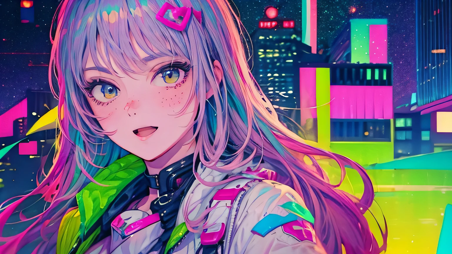 best quality, 4K wallpaper, masterpiece, extremely detailed CG unity 8k wallpaper, extremely detailed eyes, ultra-detailed, intricate details, face close up 1 happy smile shy girl in center, retro art style, neon pop abstract art style, public, highway road, lake, mountain, car