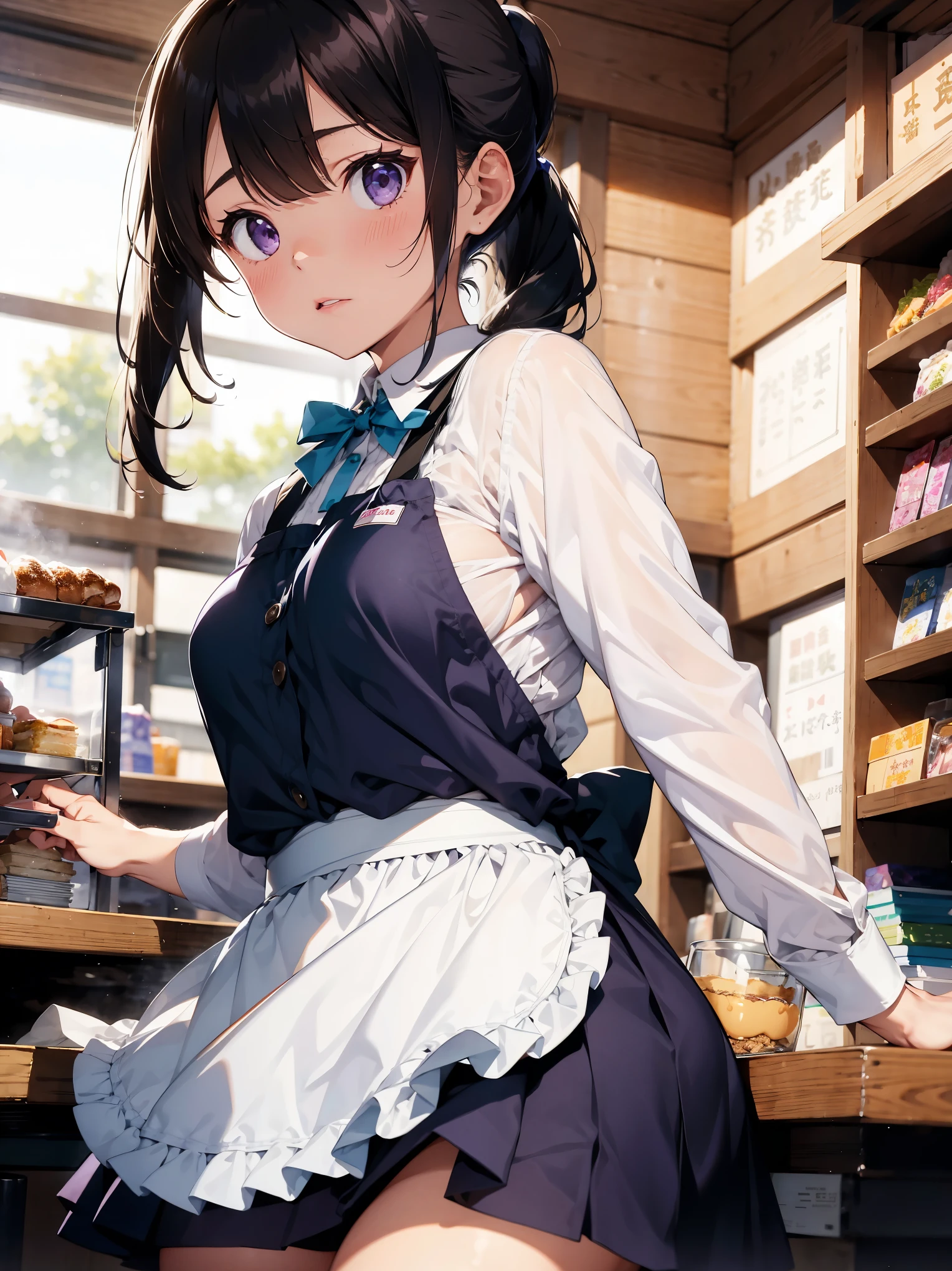 highest quality, 1 girl, adult, medium breasts, black hair, medium hair, ponytail, light purple、eye, waitress, white shirt, blue skirt, blue ribbon, white apron, waist_apron, short_dispel、holding valentine chocolate in hand、チョコレートで汚れたapron、blush、embarrassed look