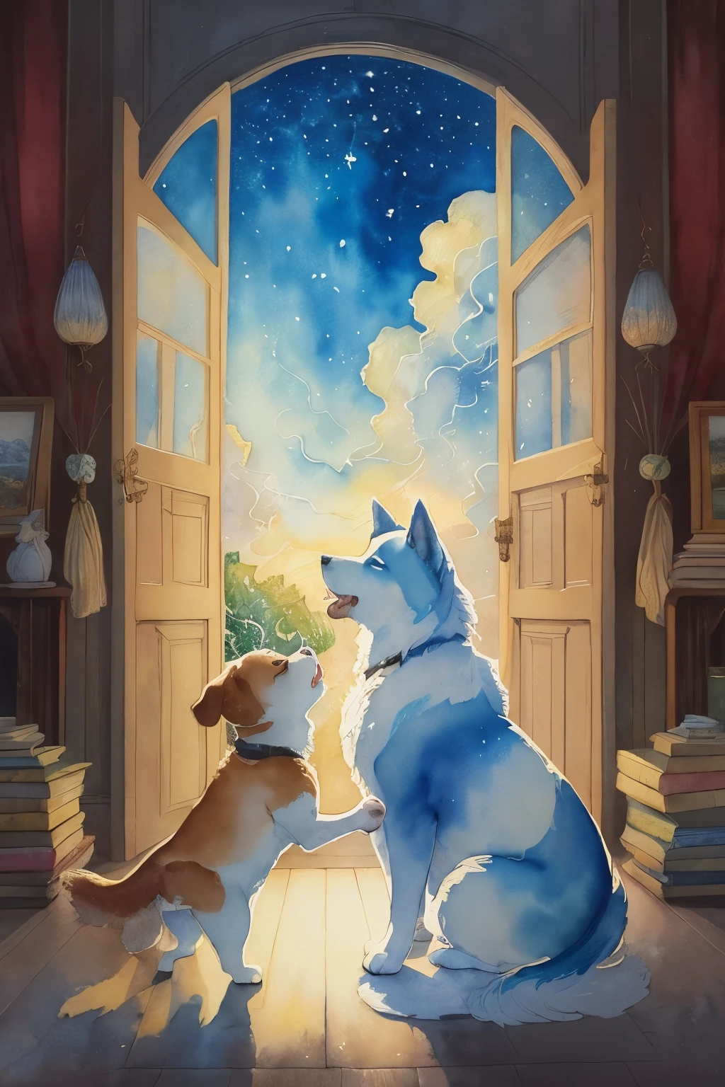 ((animal,watercolor painting,Playing dogs,One tail)),dance,open your mouth,masterpiece,highest quality,animal,(tarot cards,Big eyes,Fluffy dog,cute,fun,happiness),Fashionable scenery,glitter effect,flower,anatomically correct,All the best,最高にcute犬,cute犬,fantasy,randolph caldecott style,Thick impasto strokes characteristic of Van Gogh,enlightenment,(watercolor painting,gentle shades,hand-drawn style,like an illustration,soft color palette,pop,fancy)