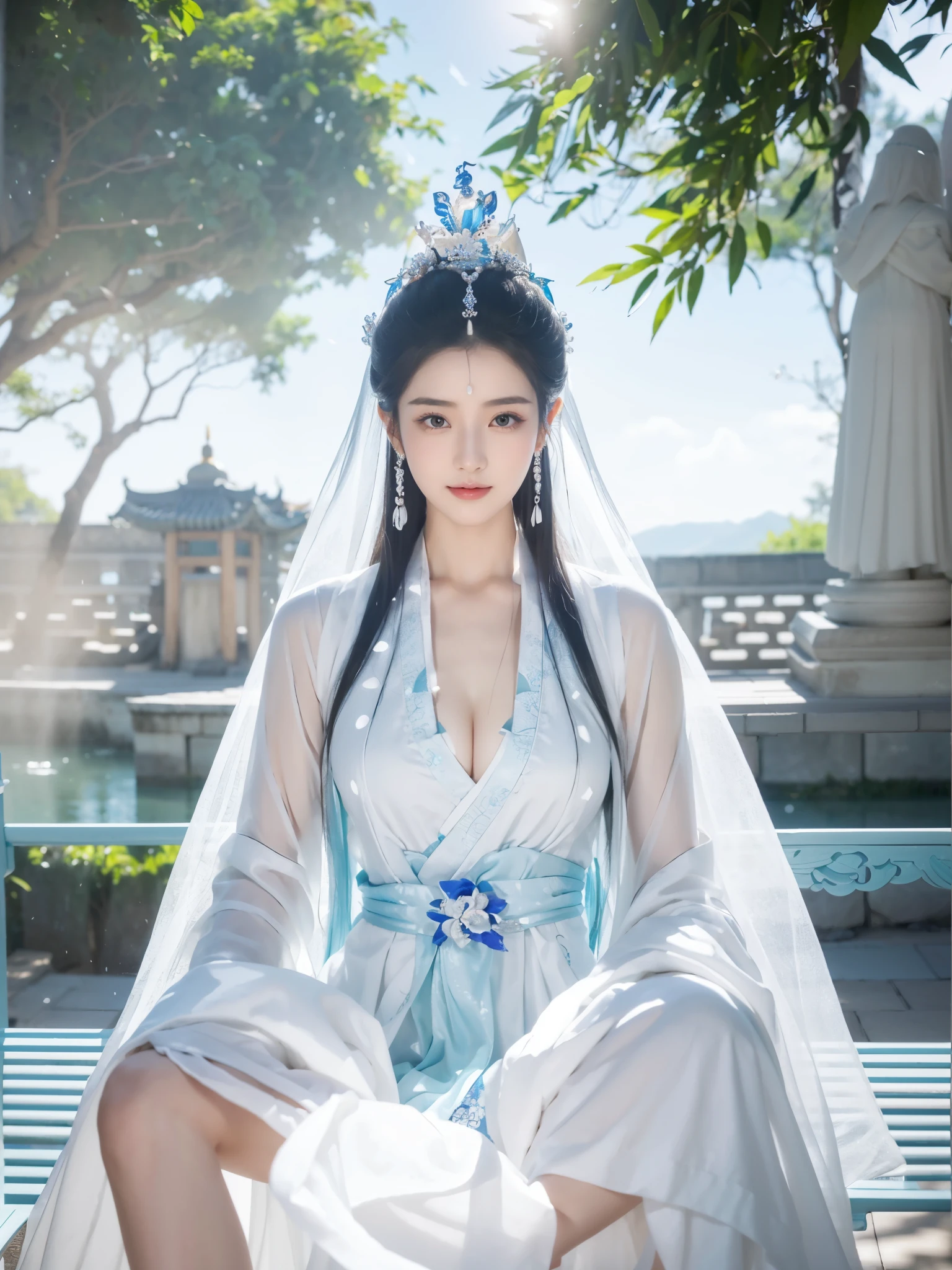 Alafid woman in white dress sitting on bench, beautiful fantasy queen, ((beautiful fantasy queen)), ancient chinese princess, Queen of the Sea Mu Yanling, white hanfu, xianxia fantasy, chinese princess, full body xianxia, ancient chinese beauties, xianxia, palace ， A girl wearing Hanfu, Inspired by Zhang Yin, large breasts, sexy