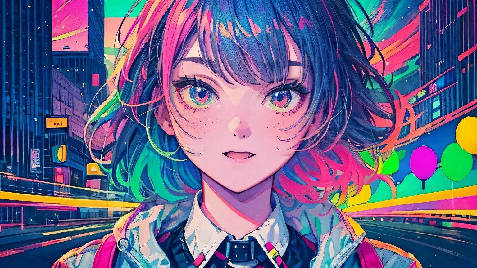 best quality, 4K wallpaper, masterpiece, extremely detailed CG unity 8k wallpaper, extremely detailed eyes, ultra-detailed, intricate details, face close up 1 happy smile shy girl in center, retro art style, neon pop abstract art style, public, highway road, lake, mountain, car