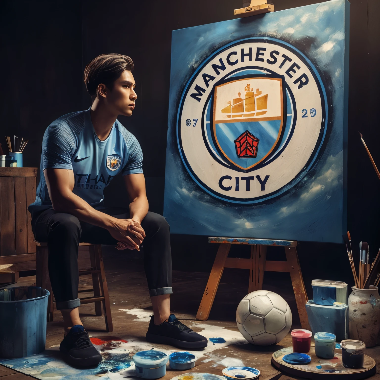 Image of a handsome Asian man with slicked back hair wearing a Manchester City jersey,
trousers and sneakers, sitting on a wooden bench in front of a large canvas painting with the Manchester City logo, in front of which is a ball, on the right and left of the canvas there are containers filled with blue sky paint, white, and red
with several brushes, paint spills on the
floor, dark background with soft light from above, highly detailed vfx portraits, hero action poses