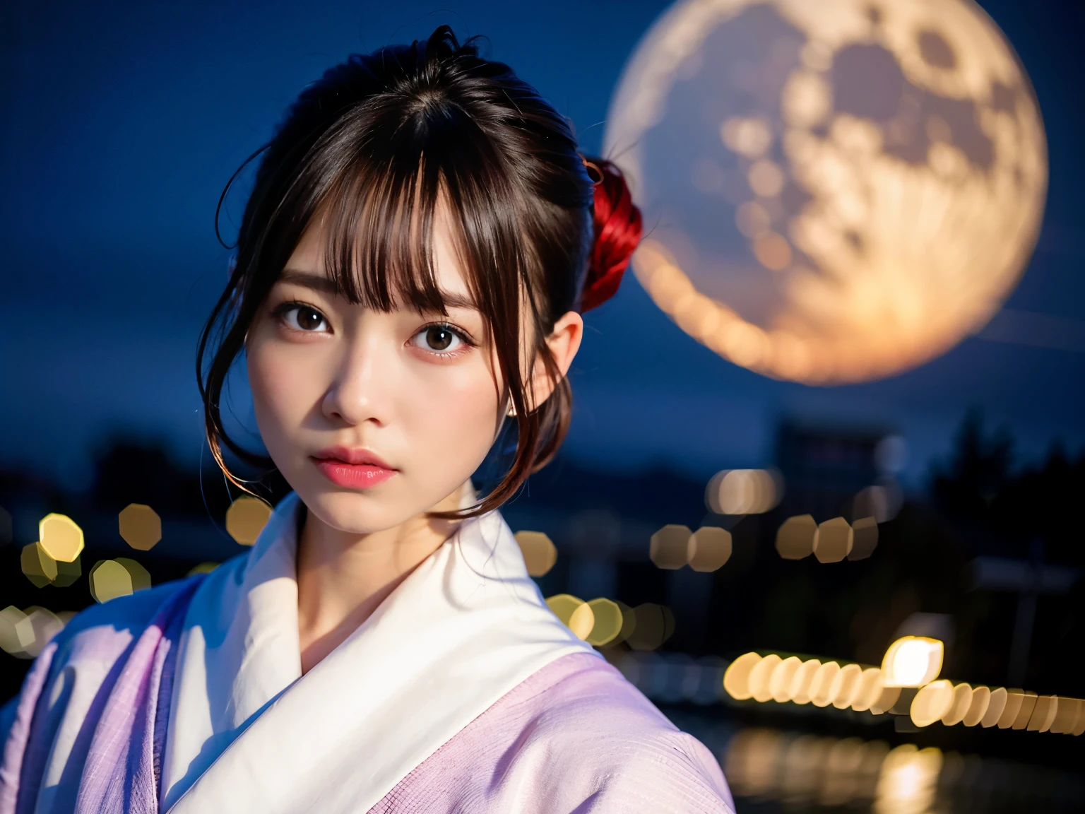 highest quality、Super high resolution、(Photoreal:1.4)、1 girl、white and light purple kimono、hair tied up、moonlit night background、looking at the viewer、Close-up、facing the front、big moon、Japanese、brown hair