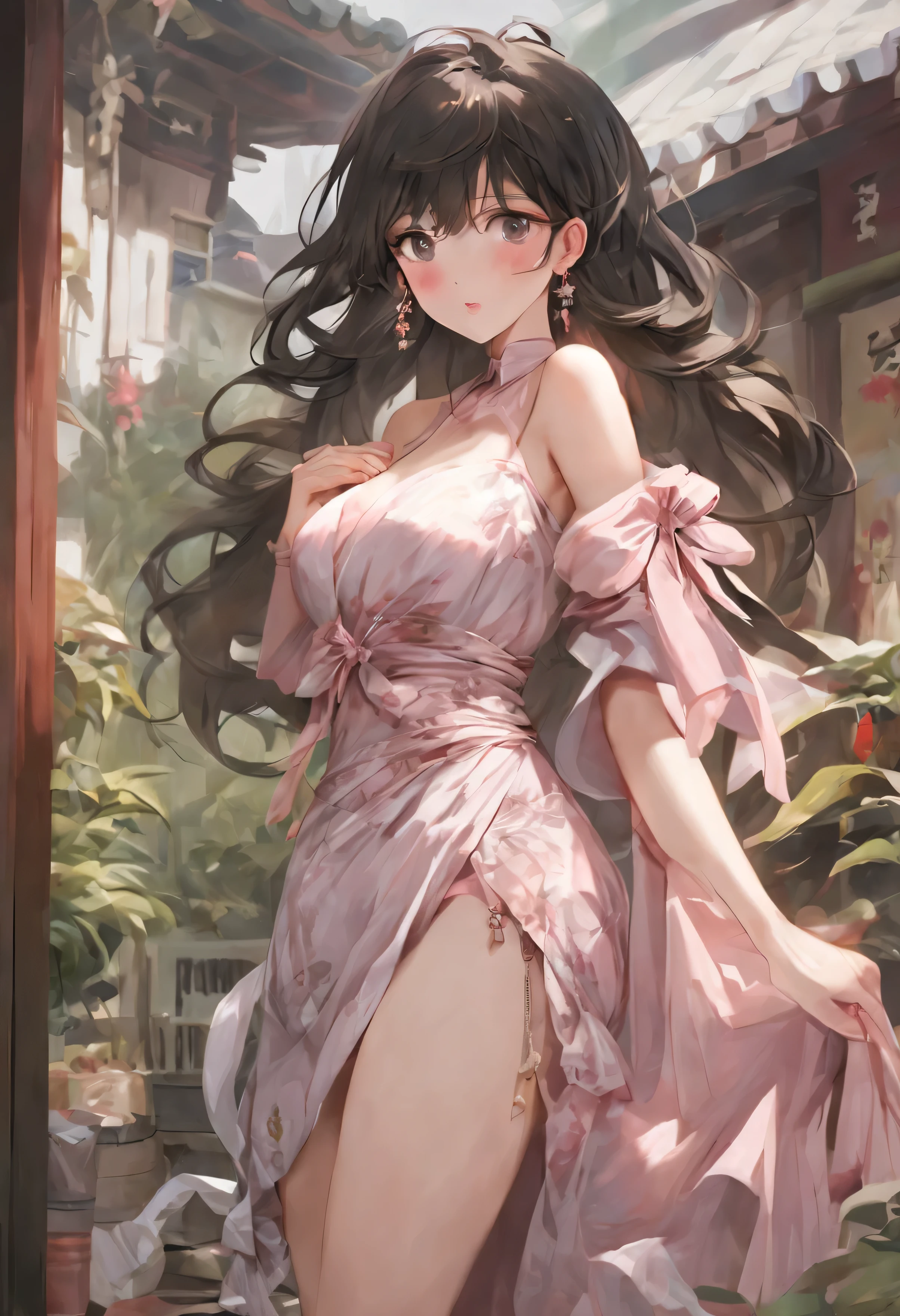China dress、mature woman、big breasts、big ass、valley、underwear、panty shot、Low - Angle、troubled face、blush、slit