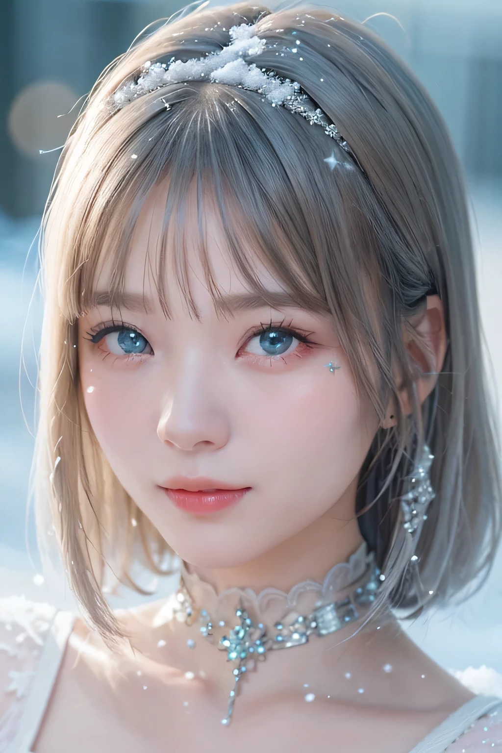 (upper body close-up), portrait, portrait, , 8K,masterpiece, highest quality, 、With a round face、slim、flat body、cute、、, 1 girl、、、pure white hair、glowing skin、(((glitter skin)))、、((Super realistic details))、portrait、global illumination、Shadow、octane rendering、、、Metal、cold color、、very intricate details、realistic light、CGSoation trend beautiful eyes、Eyes shining towards the camera、Shadowを落とす、、Shining turquoise eyes、((Crystal of snow))、、、chain choker