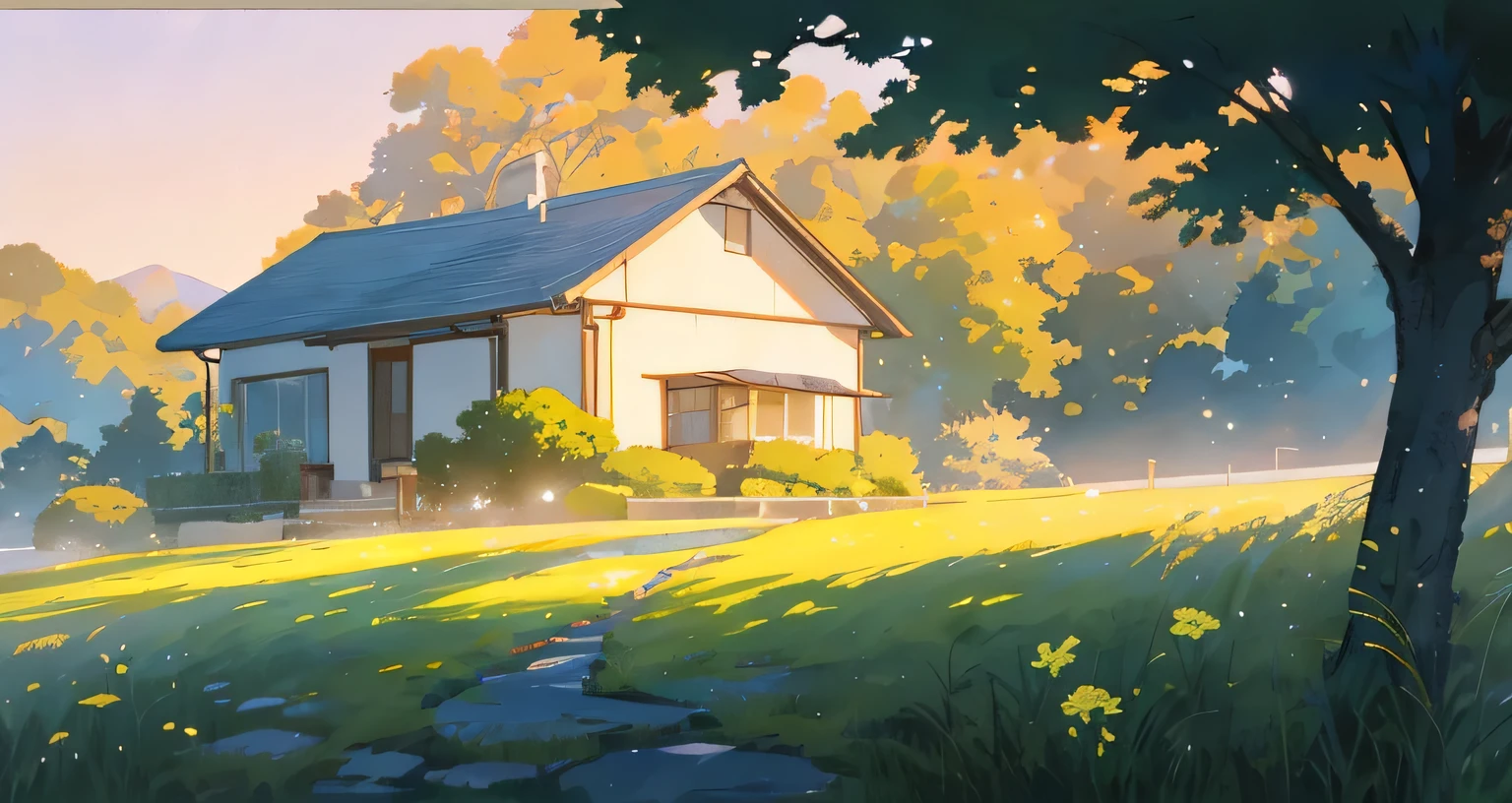 Makoto Shinkai's work style, Featuring breathtaking visuals and emotional storytelling, It is beautifully expressed in this picturesque depiction.. Standing against the backdrop of a peaceful rural landscape, A house stands as the center of the scene.. Wrapped in the soft glow of the setting sun, The overall image exudes a sense of tranquility and nostalgia.. A long day of laziness is beautifully captured, Rich greenery surrounds you, Increases overall sense of peace and tranquility. It's like time stopped for a moment, Inviting the viewer to immerse themselves in the beauty of this enchanting moment.