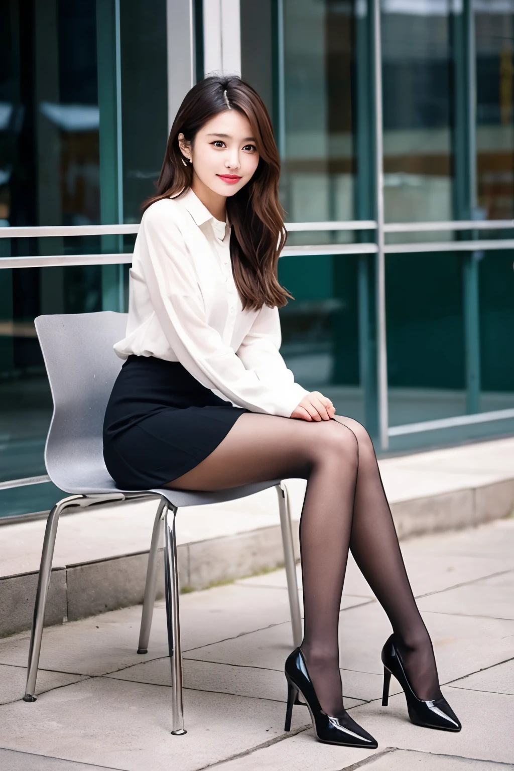 Beautiful girl in tights sitting on a chair、blouse、skirt、pumps