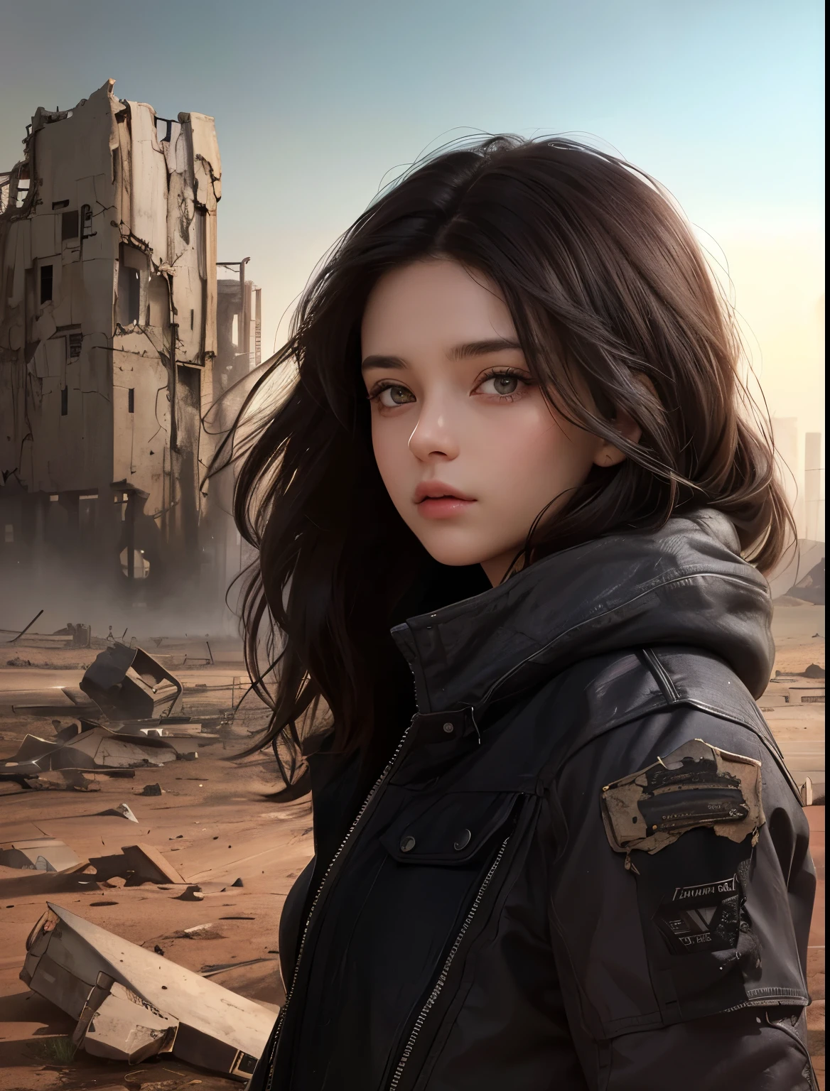 A beautiful woman. Twenty years old. dark brown hair. She is looking at the camera with a serious expression. She stands in a ruined Martian city.