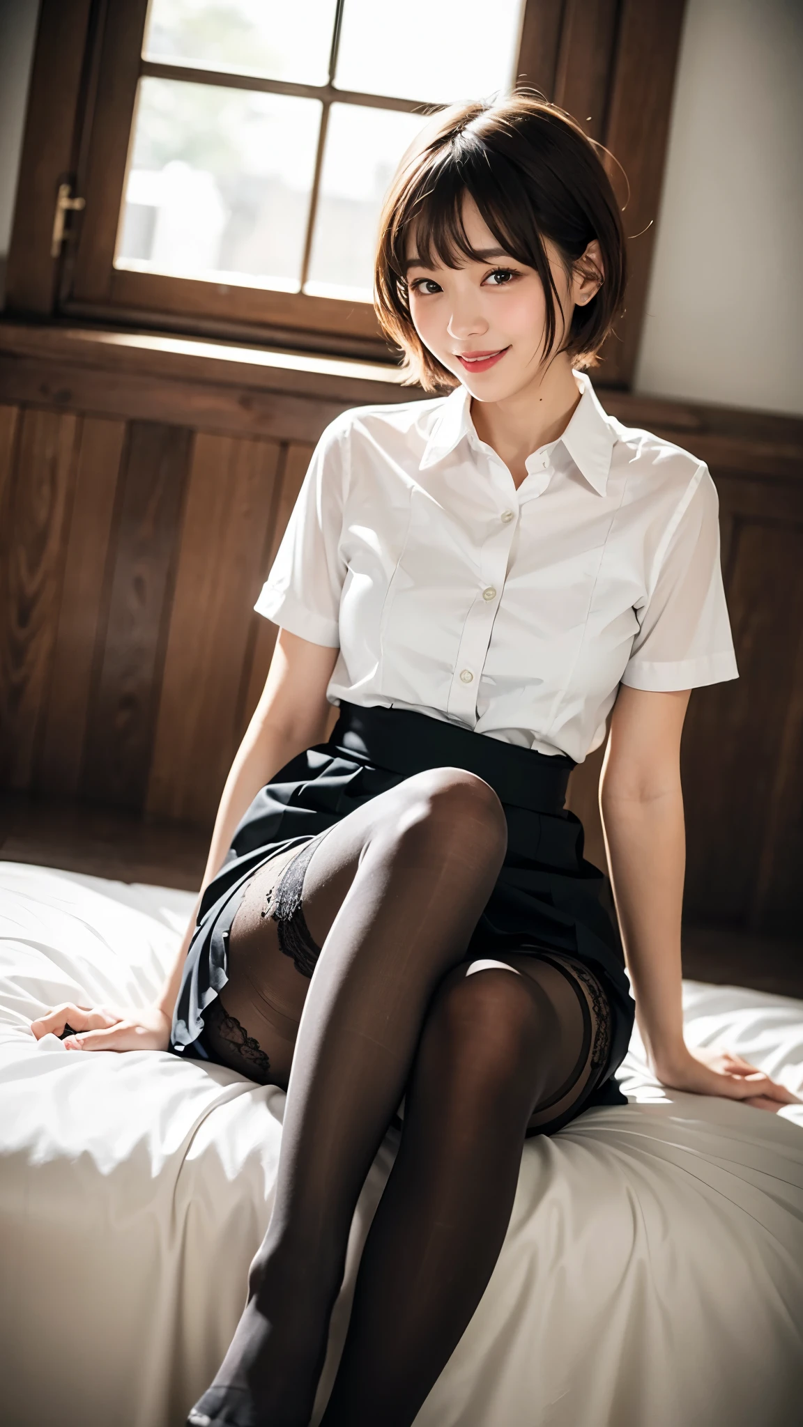 (8K, highest quality, masterpiece:1.2), (actual, realistic:1.37), Super detailed,
1 girl,Lovely, alone,beautiful and detailed sky,Cafe details,sitting,obsolete,(smile:1.15),(please keep your mouth shut) small breasts,beautiful and delicate eyes,(collared shirt:1.1), white shirt, pleated skirt,black领,black,white lace, beautiful feet,(super realistic pantyhose:1.3), button suddenly opens
(Short hair details:1.2),flowing hair ,new frog style,,white skin,light,Bedroom,bedridden