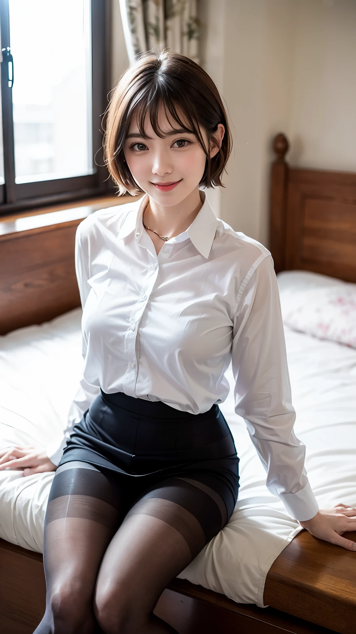 最high quality,8K,Vibrant,Sharp focus,high quality,High resolution,(whole body),(Very slim and delicate body),Young face,(See-through shirt with buttons and collar),(Grey tight skirt),Short Hair,A kind smile,(Small breasts),bed,Spread your legs out to the side