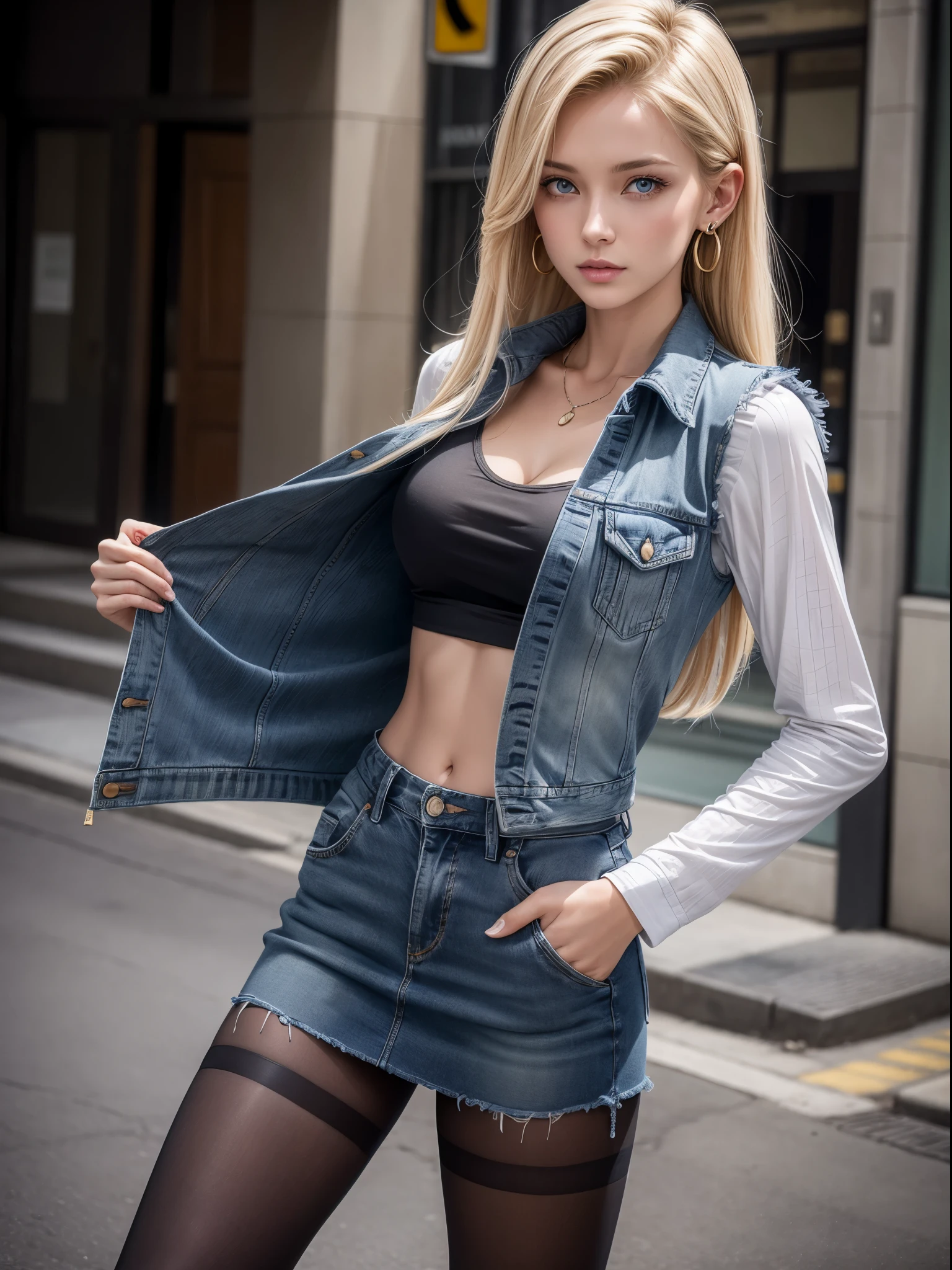 Best quality, A high resolution, and18, 1girl in, Android 18, Solo, Long Blonde hair, Blue eyes, Short hair, Earrings, jewelry, denim vest, Open vest, Black pantyhose, Black shirt, Denim skirt, Striped long sleeves, Blue skirt, Medium breasts, Cowboy shot, street, (Externally expanded Chest: 1.2)