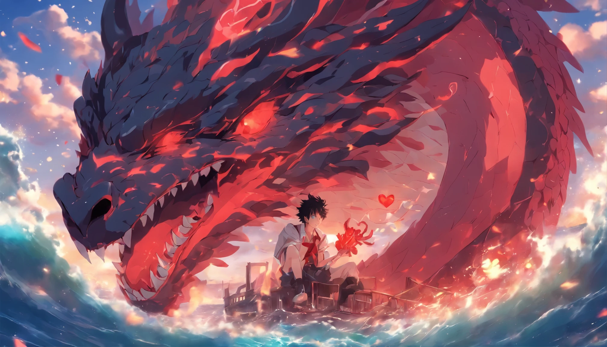 heart, atomic heart, cute, young man, dragon, sea