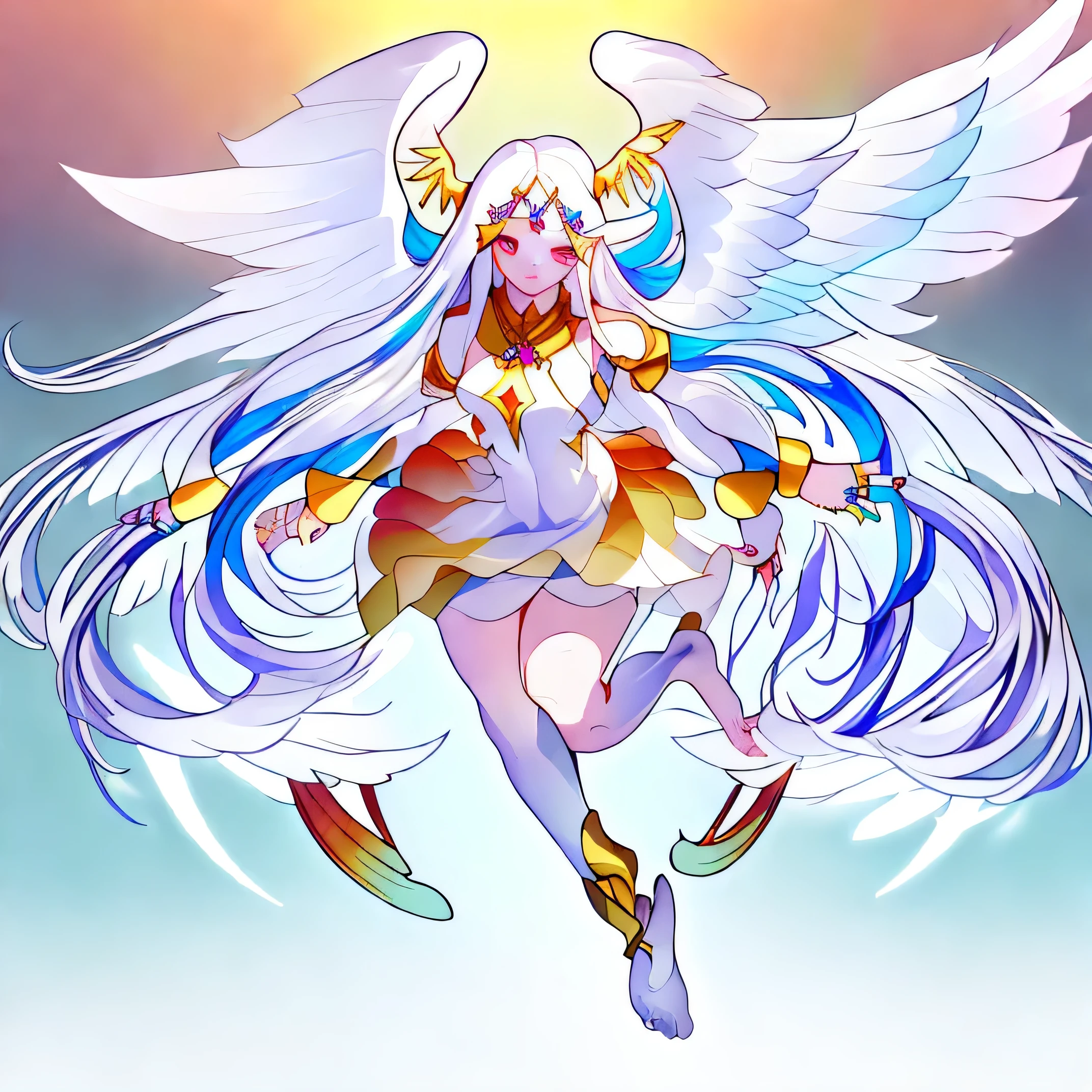 (masterpiece: 1.4), (highest quality: 1.4), (Very cute angel girl, super detailed face, jewel-like eyes, white very long hair, Colorful gradient hair: 1.4), (angel ring:
1.4), (angel wings: 1.4), (whole body, perfect 2 arms, perfect 2 legs: 1.4), Perfect Four Fingers: 1 thumb, light, shine, Bokeh, super fine