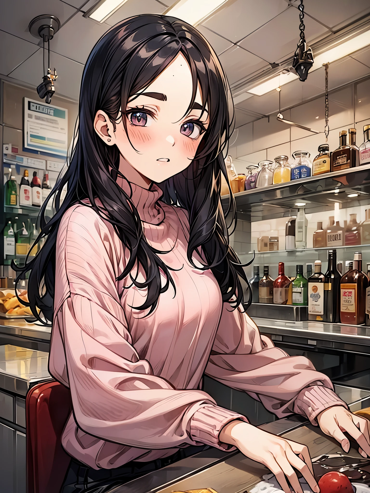 a bar counter,sitting on,Girl smiling with long black hair and squinting eyes with a bottle close to her cheeks