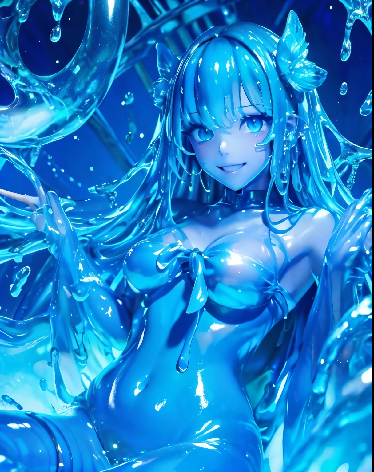 (masterpiece,best quality:1.4),(8k,raw photo,photo realistic:1.2),shiny skin,detailed skin,detailed face,detailed eyes, 1girl,looking at viewer,Japanese idol,extremely beautiful face, (smile),  LiquidHair, liquid hair, blue mucus floating around, slime girl, covered in blue slime, (partially transparent), (Wet with water), (blue sweat), Slimy blue liquid dripping from her body. Her hair is also covered in blue slime. blue slime scatters, Blue hair, blue eyes