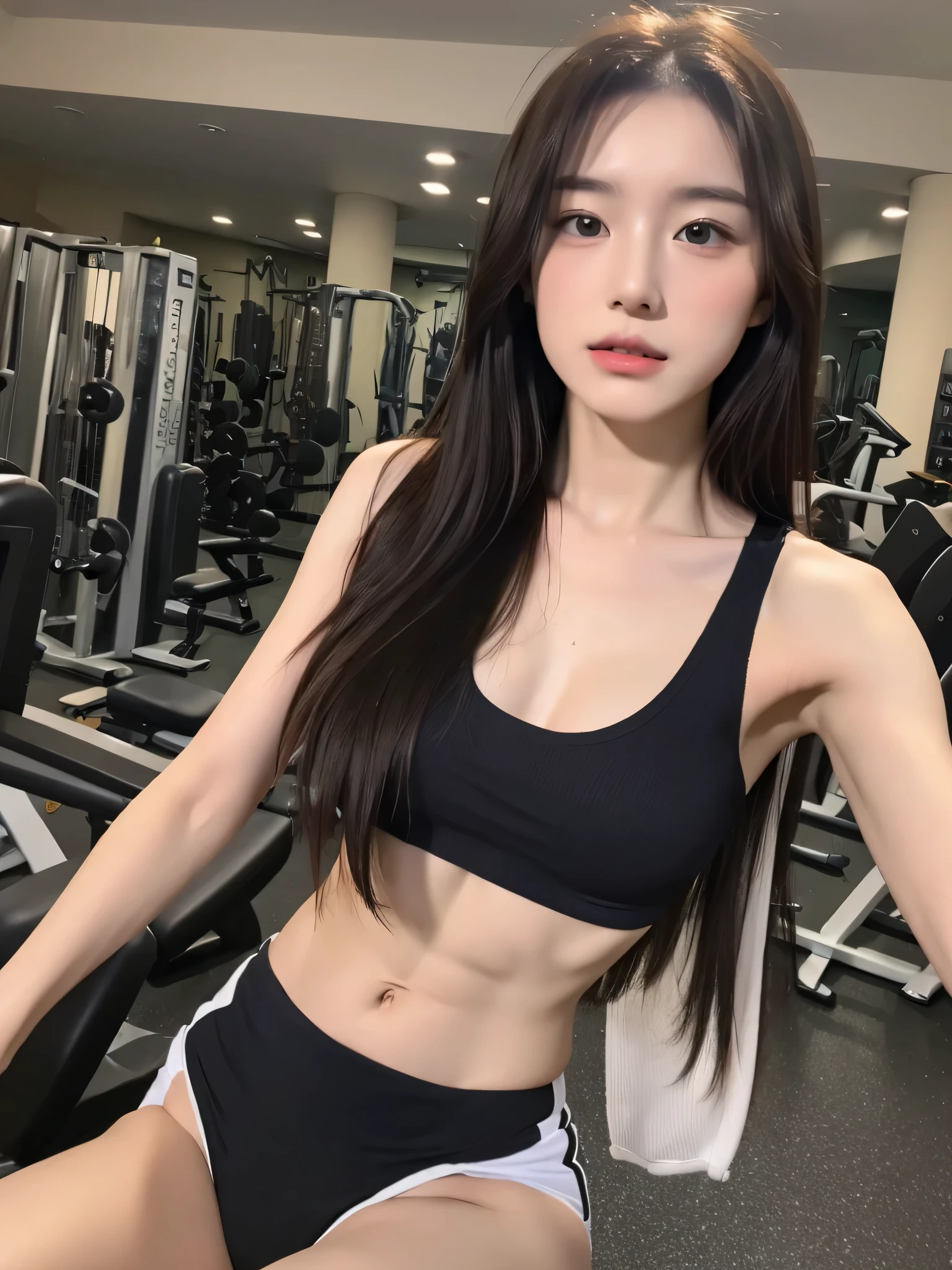 top quality、ultra high resolution、(real picture:1.4)1 girl in、beautiful woman,Have prominent and slender abdominal muscles:1.3、Gym suit:1.2、in the gym、Super detailed face、exquisite eyes、double eyelids、do excercise