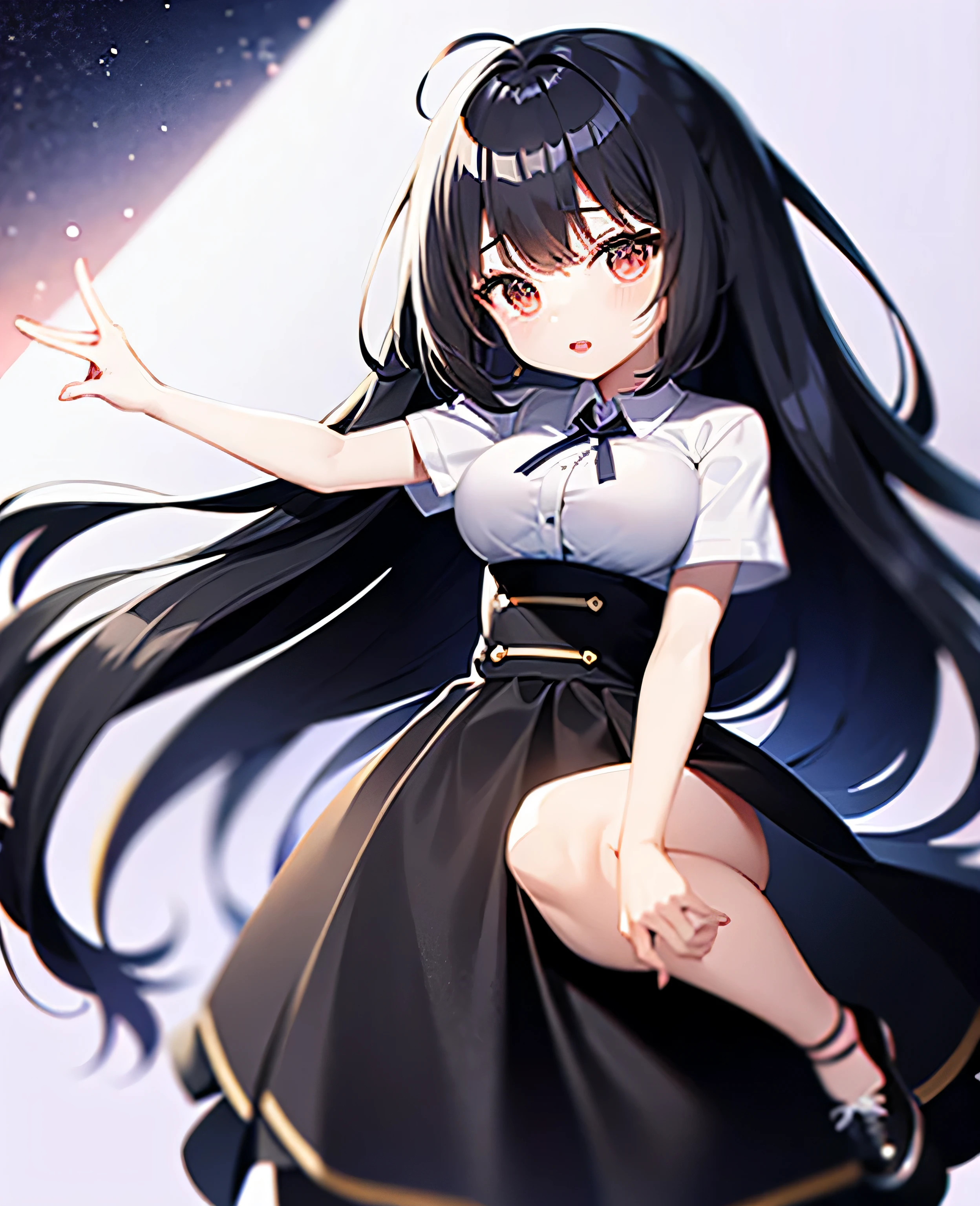Little、cute、long hair、black hair、skirt、highest quality、Idol、big breasts、shirt