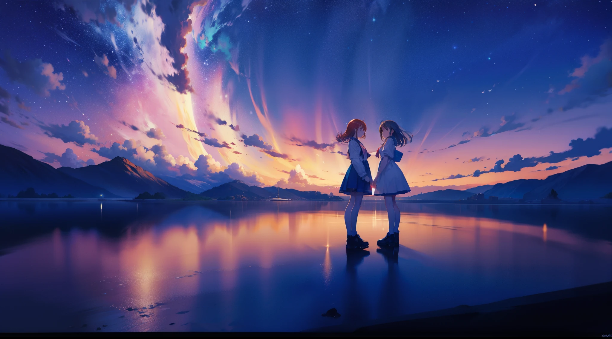 ((long range shooting))night, two beautiful anime girls,Look at each other,。Stand in the middle of a salt lake,The surface of the water is like a mirror,Reflecting the sky。The Milky Way is in the sky。
