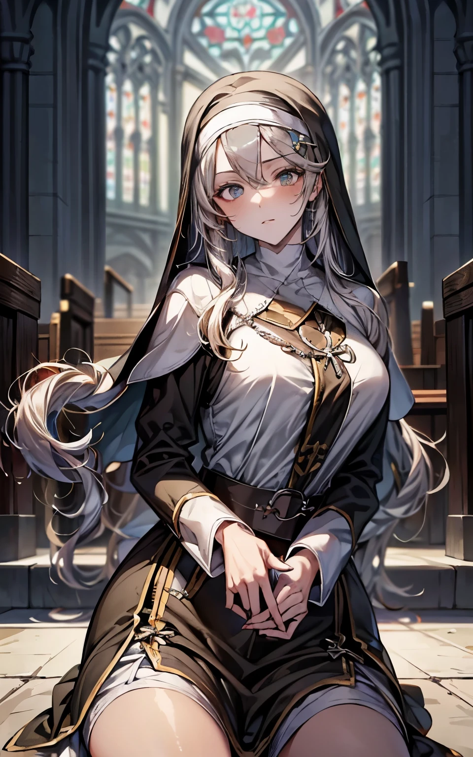 best quality people，masterpiece，final solution，fluffy，非常にcolorfulな，colorful，saint，silver-white long hair，curly，mature woman，good，(Nun dress:1.3)，Cathedral，sanctuary，normal posture