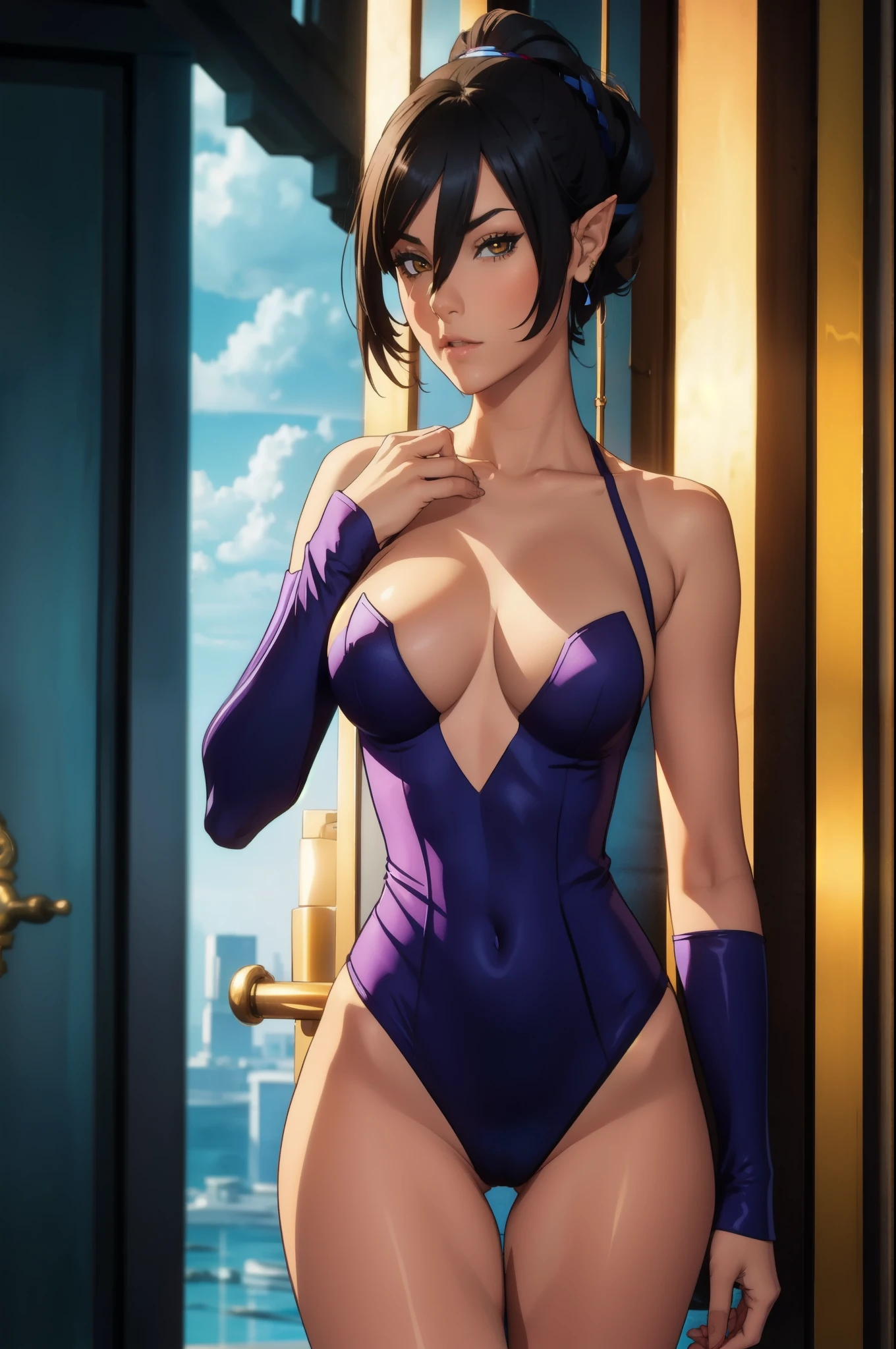 Standing at attention, dynamic pose, thighhighs, cleavage cutout, long pointy ears, dark elf, light skin, short dark blue hair, Single High ponytail, Young female, Beautiful Finger, Beautiful long legs, Beautiful body, perfect yellow eyes, perfect face, expressive eyes, looking at viewer, 8k wallpaper, perfect lighting, shiny skin, (masterpiece:1.0),(best_quality:1.0), lens flare, (vibrant_color:1.2), (Beautiful medium Breasts:1.4), (narrow waist), megane, sashagrey