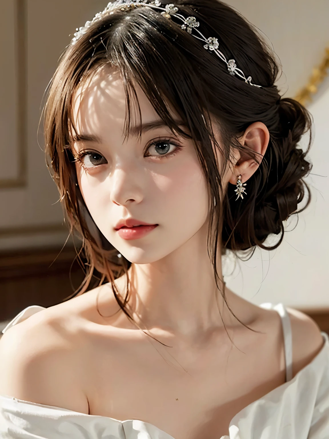 Image from chest up:1.6)、Close-up portrait of a woman wearing white off-shoulder top dress and earrings, soft portrait shot 8k, nice delicate face, High quality 4K portraits, high quality portrait, soft and perfect pale skin, 8K highly detailed face, なbeautiful繊細な顔, beautiful光の大きな目, beautiful and realistic face, beautiful14old woman, beautiful and realistic face, cute14old woman