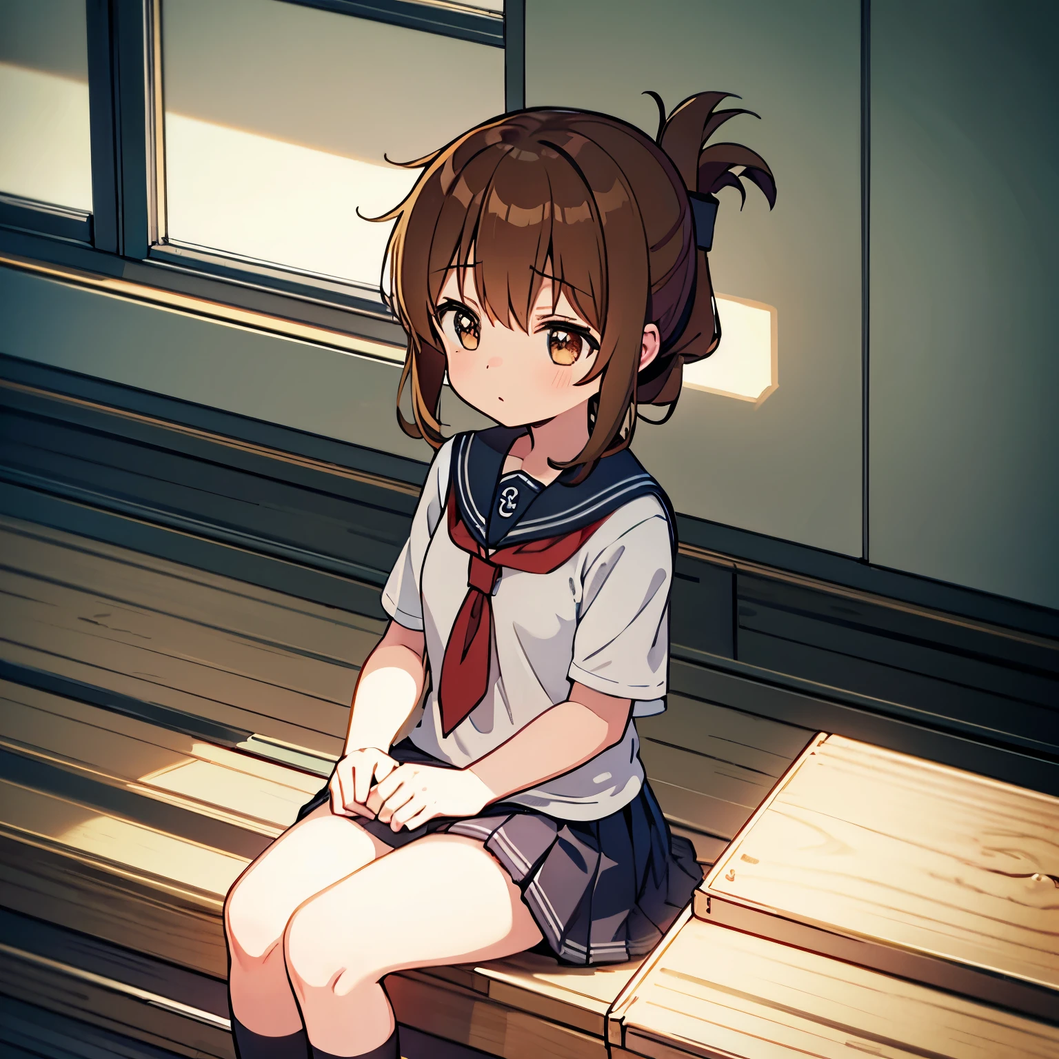 I am sitting on the floor of the school gymnasium and observing classes because I am not feeling well.,(masterpiece, best quality:1.2),illustration,8k,hd,1girl,solo,upper body,(portrait:1.2),brown_hair,folded_ponytail,brown_eyes,serafuku,long_hair,school_uniform,skirt,pleated_skirt,