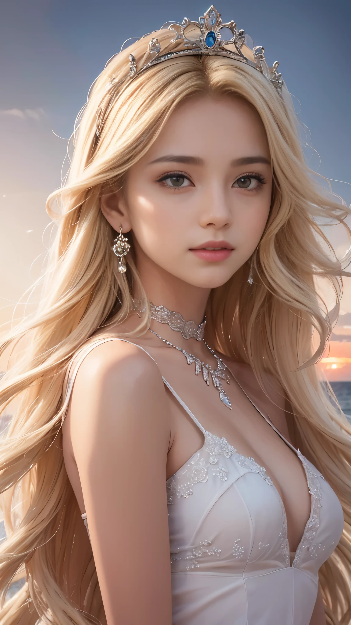 ((RAW shooting:1.5, realistic:1.5, 8K, highest quality, masterpiece, ultra high resolution)), night, summer, beach side, Sunny sky without a cloud, professional camera work, Highly detailed skin and facial textures:1.3, glow light effect, cute 15 year old british princess, Fair skin, Glossy skin, (elegant:1.4, small face), Ultimate Cute Face:1.3, (cute eyes:0.9, looking far away), smile:1.0, (mouth is slightly open:0.4, Cute mouth:0.7), double eyelid, ((super long white blonde curly hair)), tiara, necklace and earrings, ((elegantなロングドレスをオフショルダーで正しく着る)), cowboy shot, ((sunset, sunlight shining from behind:1.6, Strong sunlight spreads across the screen:1.6)), ((Strong sunlight shines on a woman:1.7))