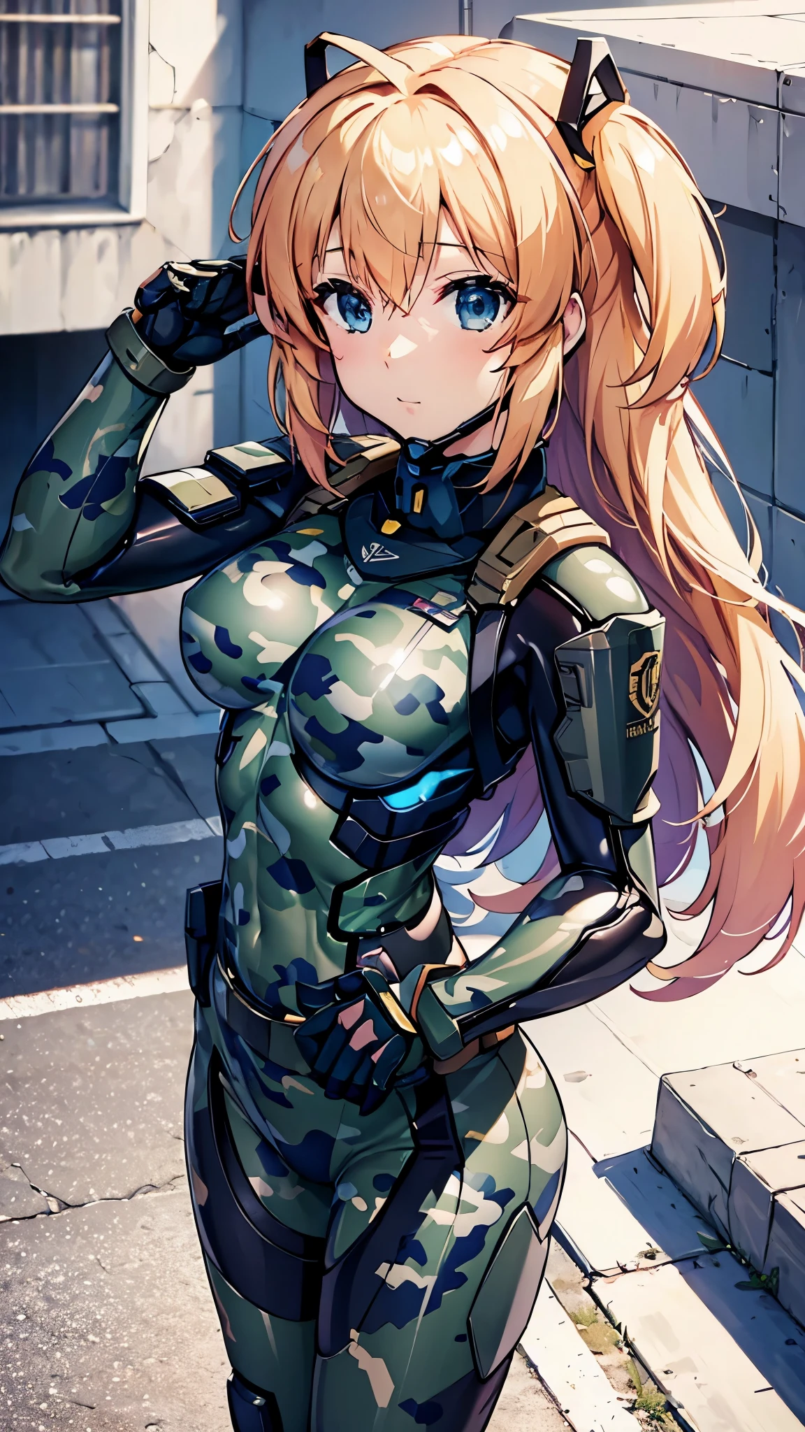 ((8k)), (character_sheet), masterpiece, anime, realistic, anime, (military), (1girl), (Komari_Kamikita), blonde_hair, blue_eyes, medium_breasts, (fortified_suit), bodysuit, ((camouflage)), electronic, neon