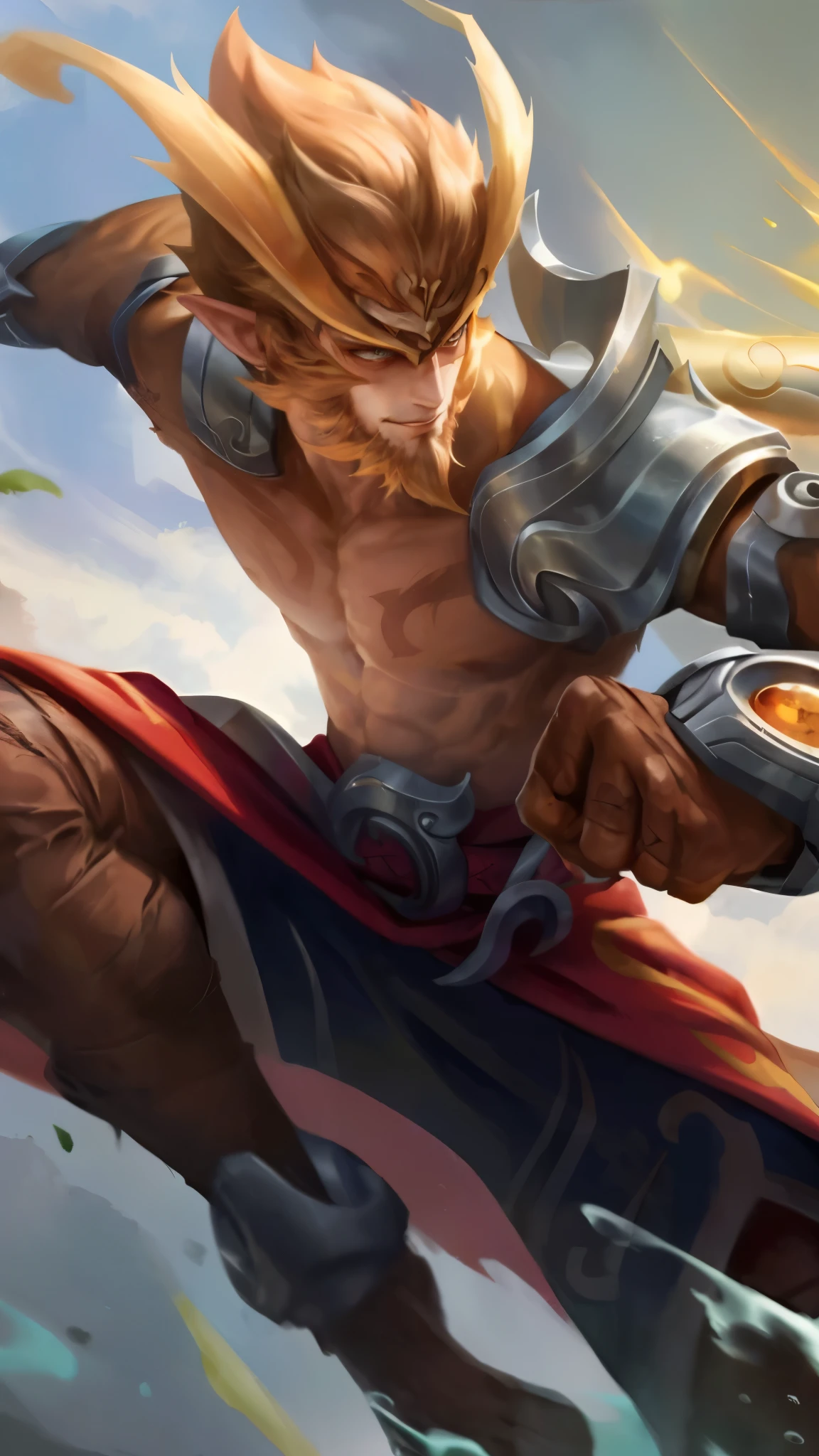 (Absurdres, Intricate Details, Masterpiece, Best Quality, High Resolution, 8k), 1 male, thin, young, aged up, masked, finely detailed eyes and face, auburn low-fade hair, amber eyes, portrait, looking at viewer, solo, half shot, detailed background, (light fantasy theme:1.1), focusing, mercenary, sunshine, floating scraps, color plate armor, divine aura, bright realistic lighting, marble castle, intense atmosphere, circlet, coat of arms, brazier, , Depth of Field, VFX. elf ear, a close up of a man with a sword and a sword in his hand, sun wukong, wukong, sylas, tane skin, inspired by Li Kan, extremely detailed artgerm, official splash art, bian lian, ig model | artgerm, g liulian art style, inspired by Huang Shen, iconic character splash art