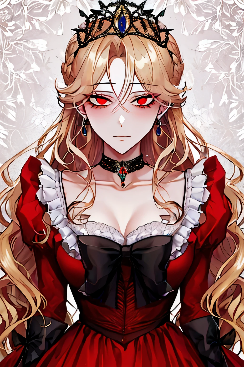 shoujo-style, floral background, romance manhwa, 1girl, blonde hair, solo, long hair, flower, dress, tiara, red dress, gloves, long sleeves, choker, red eyes, mascara, makeup, white gloves, black bow, black flower, wavy hair, bow, jewelry, looking at viewer, kingdom background, collarbone, puffy sleeves, silver accessories, upper body, parted bangs, very long hair, red dress, frills, bangs, closed mouth, detailed eyes, (close up), gleaming skin, shiny glossy skin