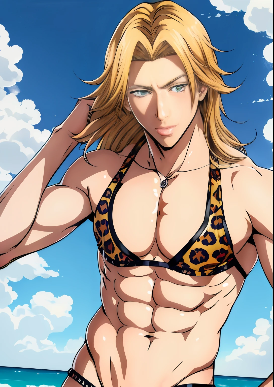 Cartoon closeup of boy wearing bikini, chic, short blond boy, Green-eyed boy, medium long hair, medium hair, in a trianglebikini, Boy in swimsuit, bikini with an leopard print top, bikini with an leopard print bottom, clothing:bikini swimwear, solo, SFW, proportion, cute exirobat, teenage boy, animal print, SFW version, very realistic, Pretty Boy, Gweiz style artwork, detailed digital anime art, perfectly shaded body, Realistic anime 3D style, Beautiful charming anime boys, realistic anime art style, realistic shaded perfect body,